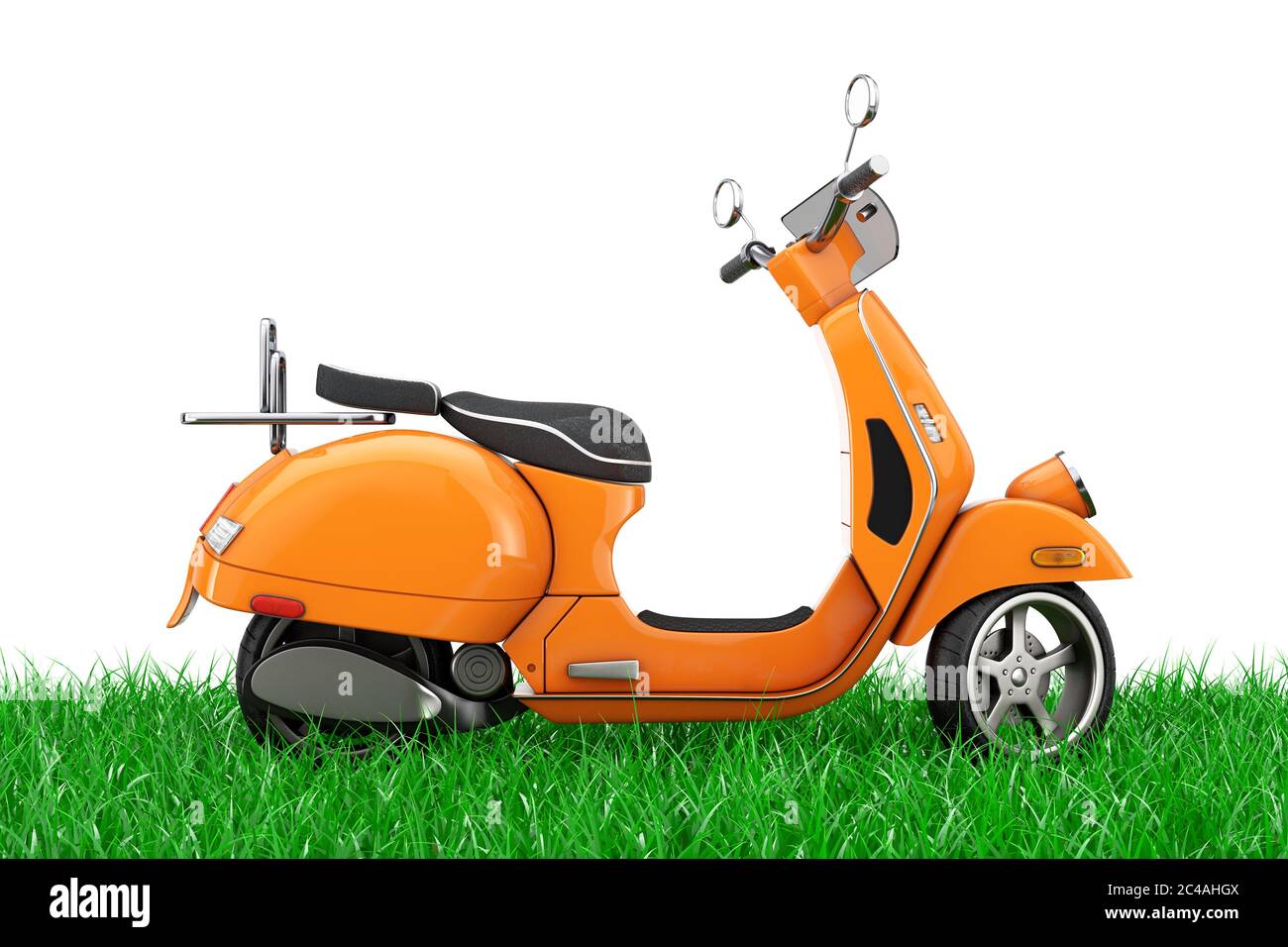 Orange Classic Vintage Retro oder Elektro-Scooter in Grün Gras auf weißem Hintergrund 3d Rendering Stockfoto