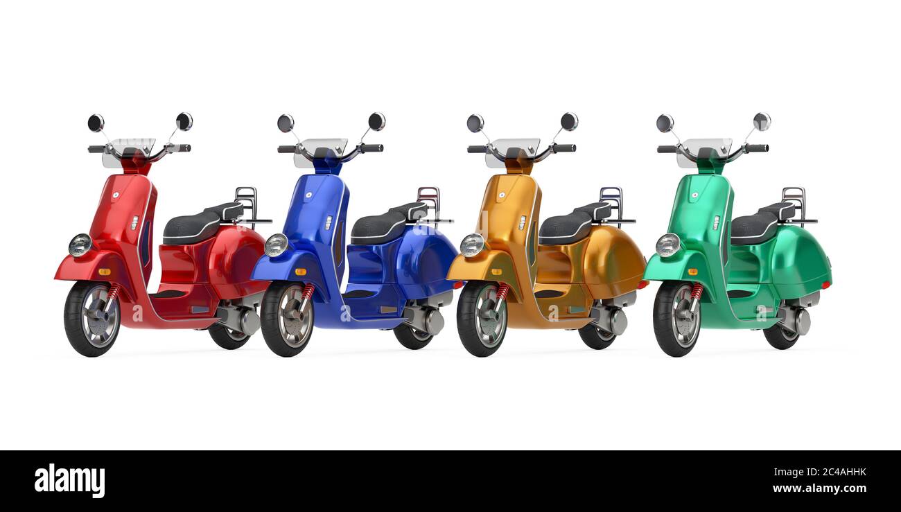 Mehrfarbige Classic Vintage Retro oder Elektro-Scooter auf weißem Hintergrund 3d Rendering Stockfoto