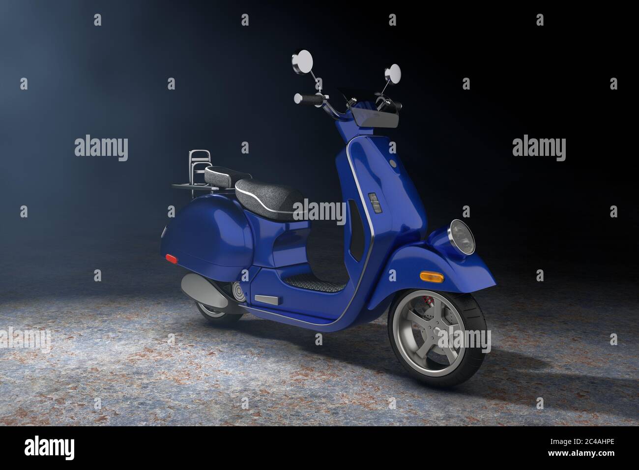 Blue Classic Vintage Retro oder Elektro-Scooter im Volumenlicht auf schwarzem Hintergrund 3d Rendering Stockfoto