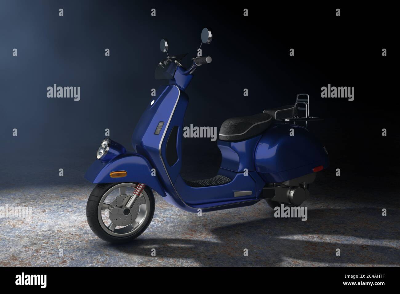 Blue Classic Vintage Retro oder Elektro-Scooter im Volumenlicht auf schwarzem Hintergrund 3d Rendering Stockfoto