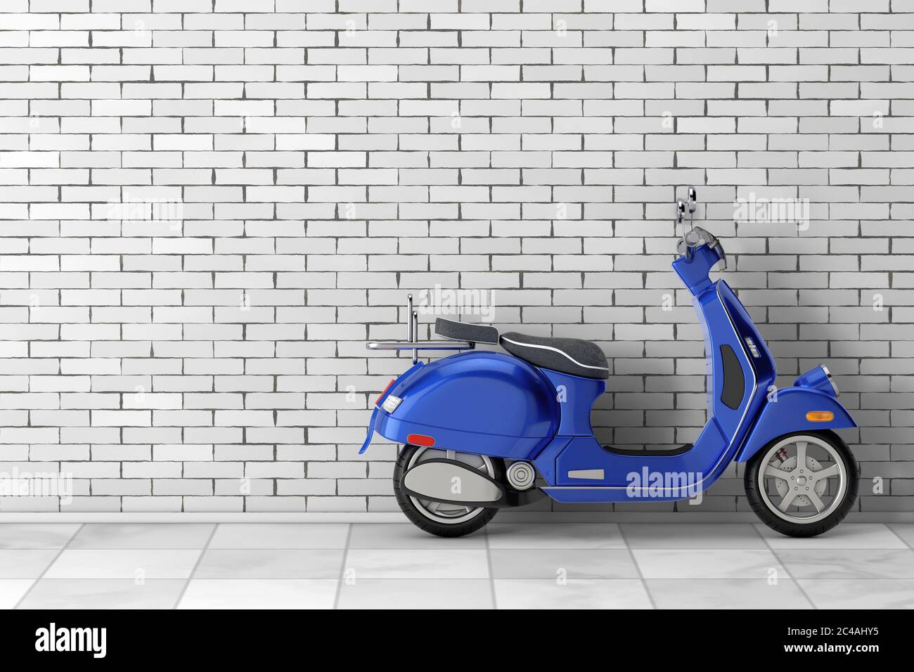 Blue Classic Vintage Retro oder Elektro-Scooter vor der Ziegelwand. 3d-Rendering Stockfoto