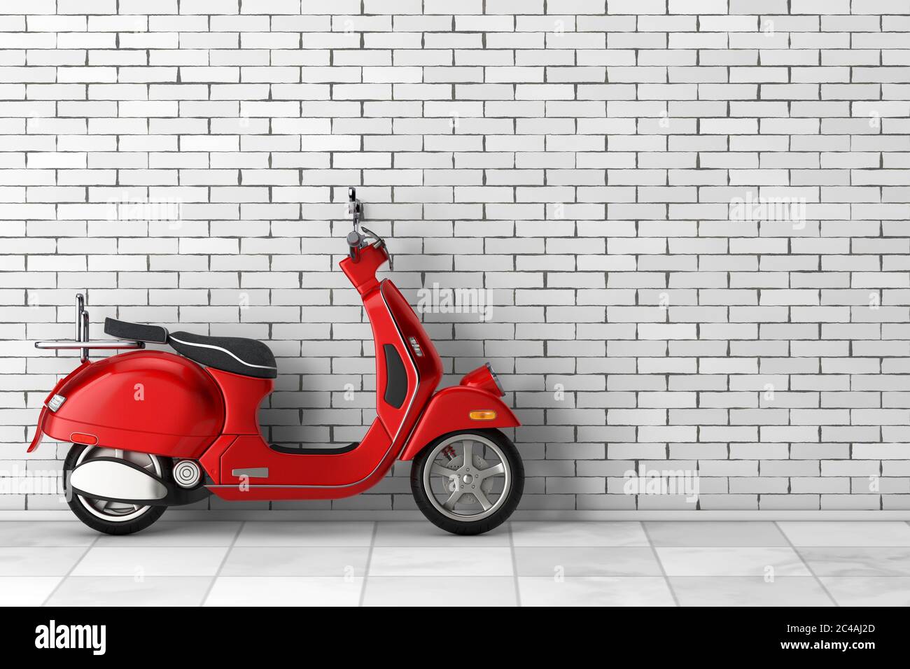 Red Classic Vintage Retro oder Elektro-Scooter vor der Ziegelwand. 3d-Rendering Stockfoto