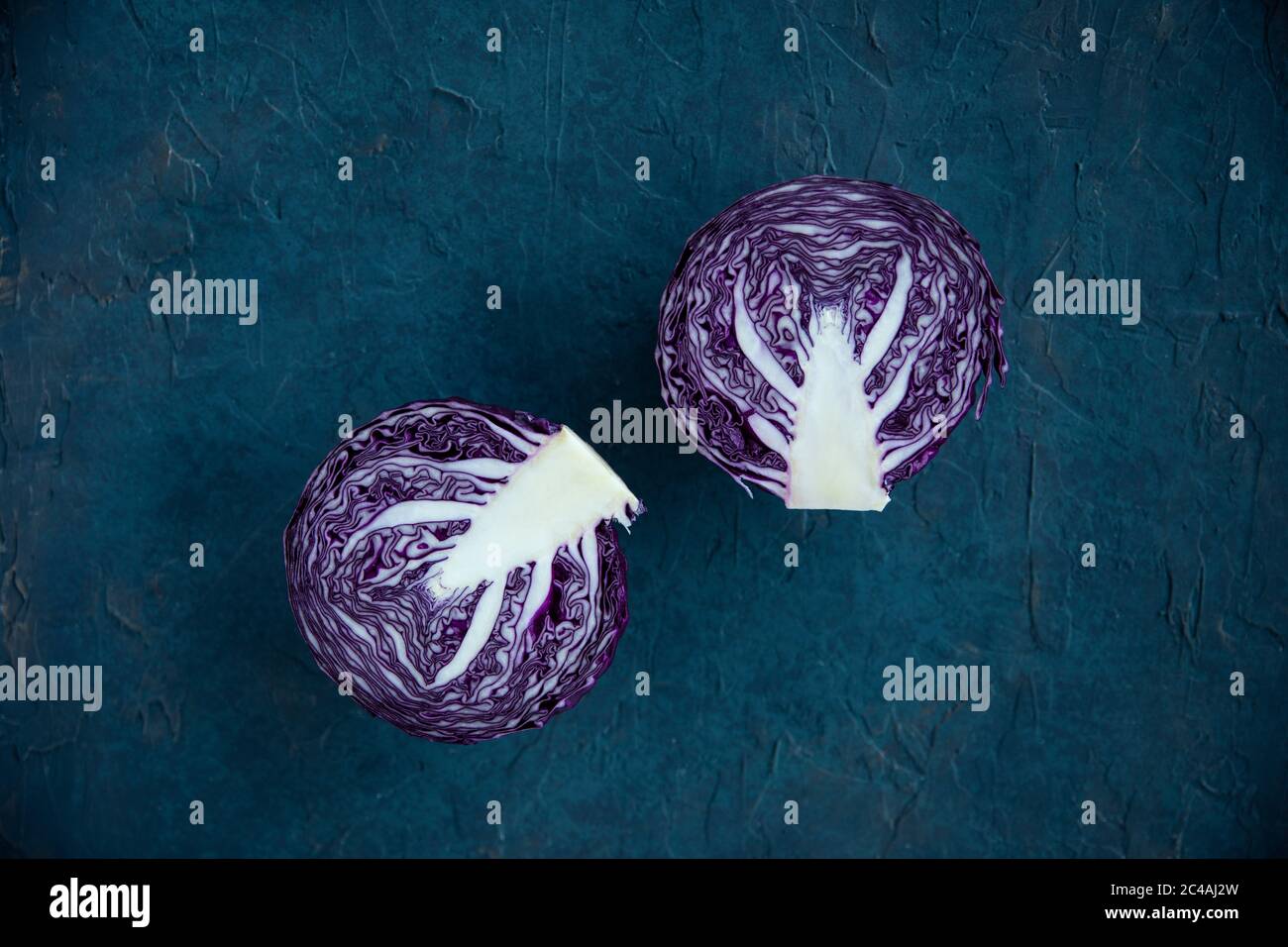 Frisch geschnittener Bio-Rotkohl auf texturierter blauroter Oberfläche Stockfoto