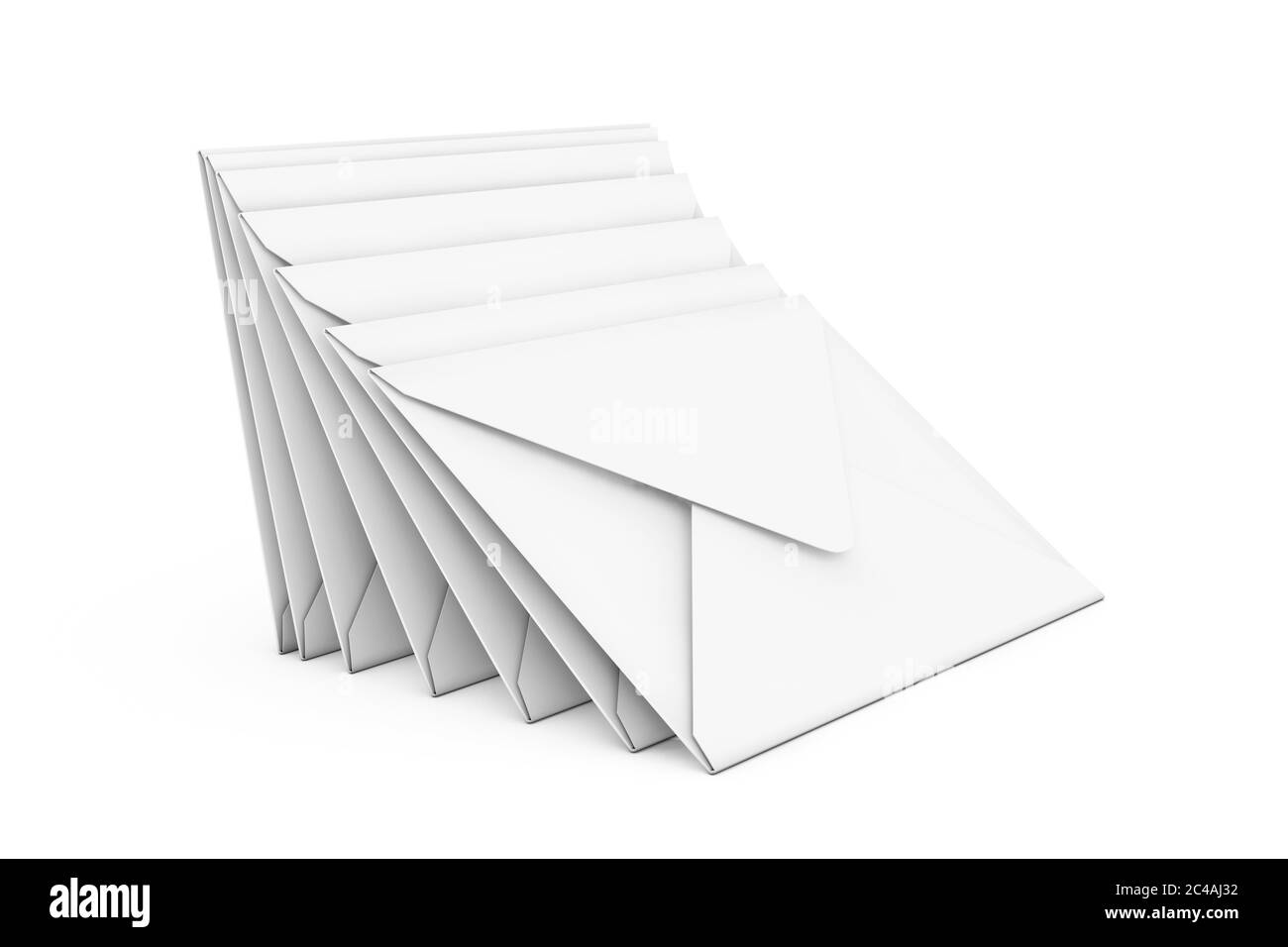 Stapel weißer leerer Umschläge auf weißem Hintergrund. 3d-Rendering Stockfoto