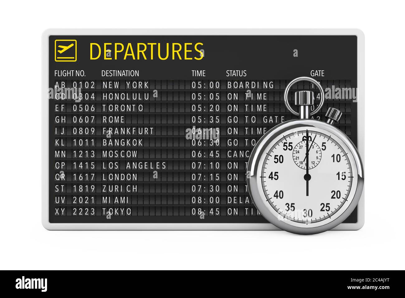 In Time Fly Konzept. Abflugtisch mit Stoppuhr auf weißem Hintergrund. 3d-Rendering Stockfoto