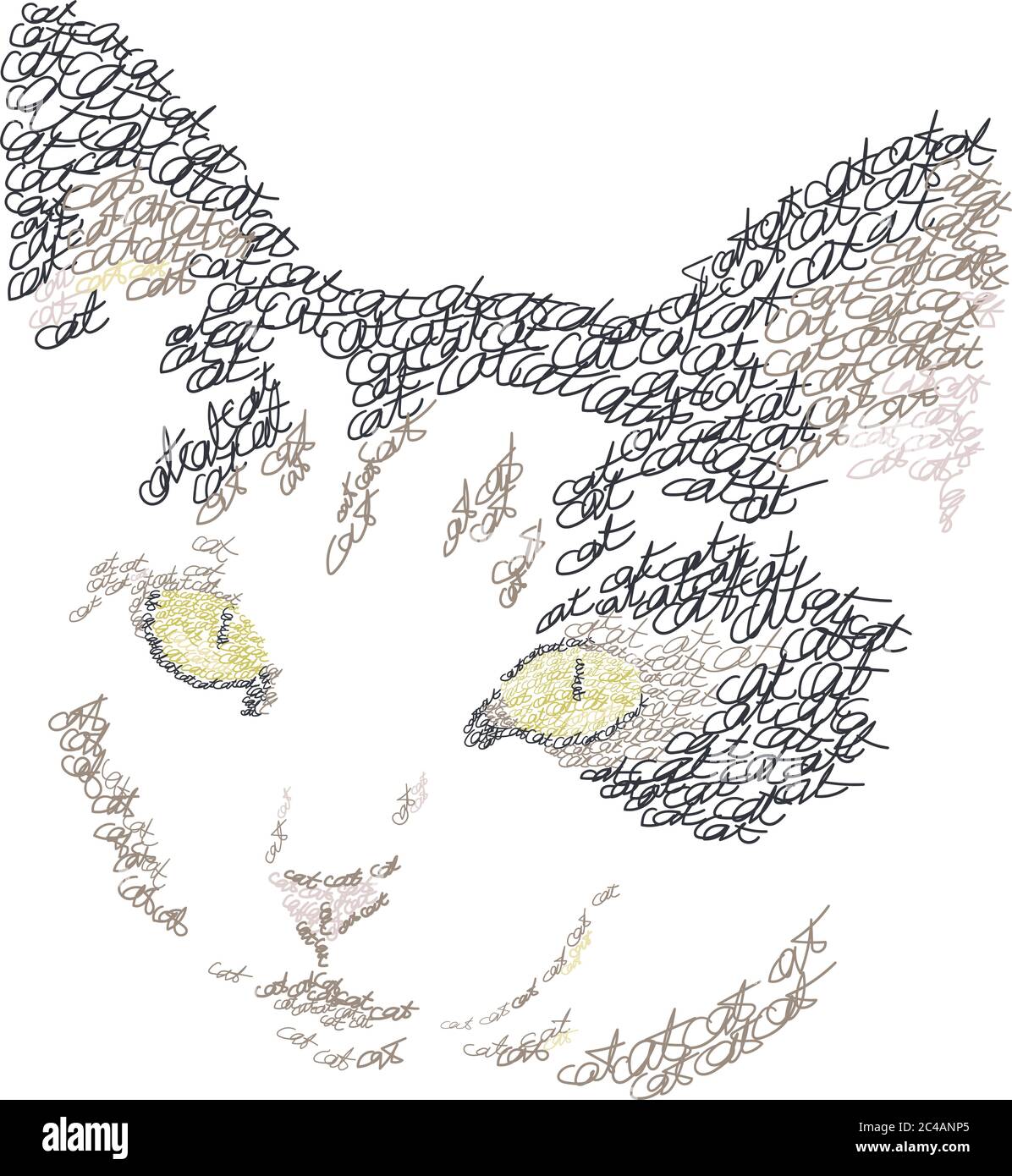 Katzenportrait aus Worten "Katze". Wörter, die in Form einer Katze komponiert sind. Dekorative Beschriftung Katze Vektor Illustration. Logo Design Konzept. Stock Vektor