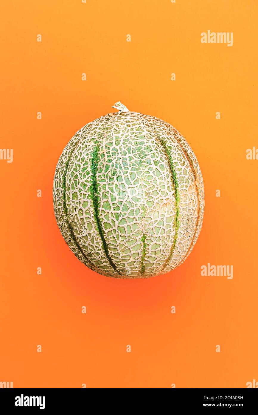 Honigmelone oder Cantaloupe Cucumis melo. Japanische Melone auf orangefarbenem Hintergrund. Sommerliche Früchte. Gesunde Ernährung Konzept. Draufsicht. Stockfoto