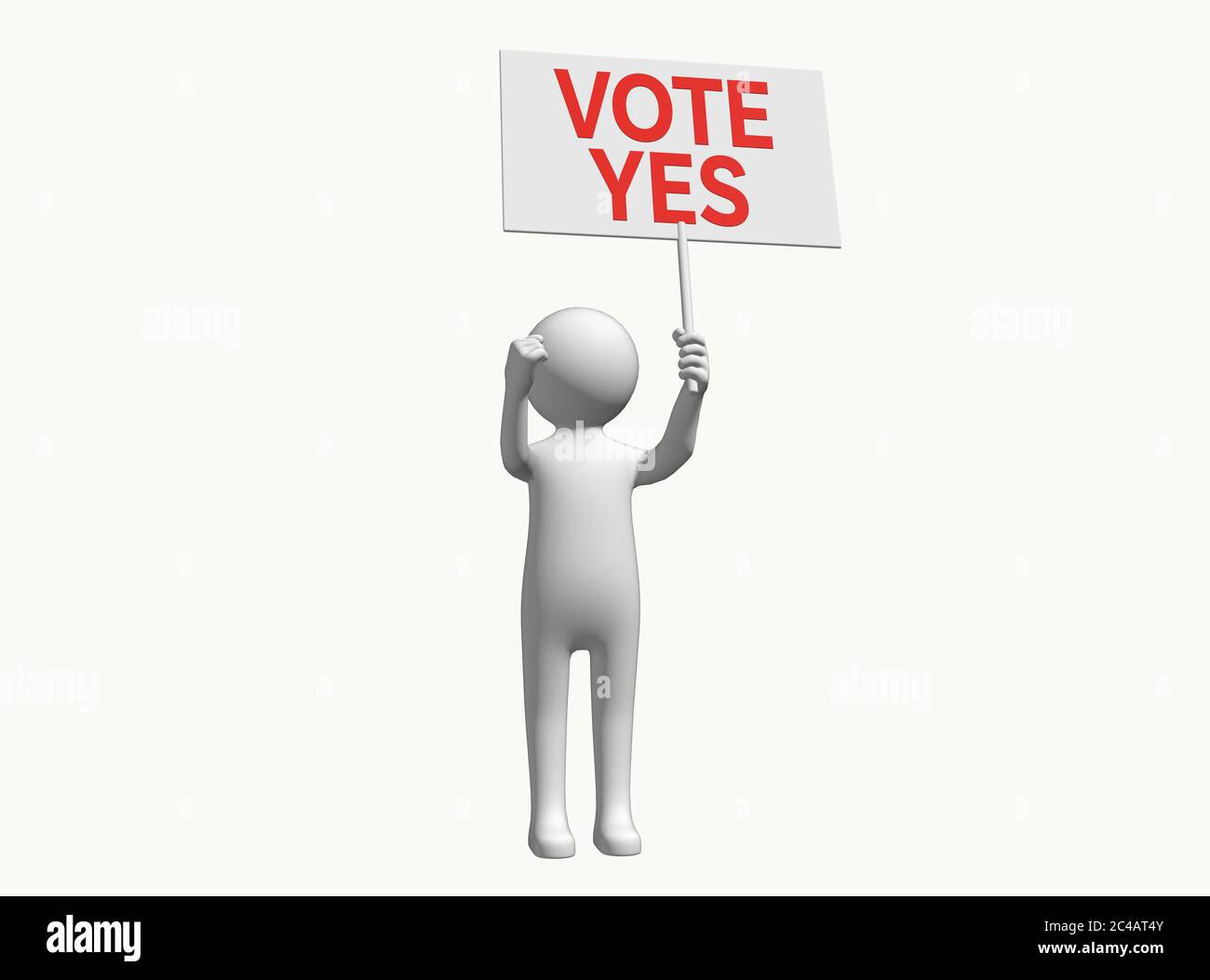 Anonymer 3D-Charakter-Stick-Mann mit Schild Plakat zur Unterstützung der Abstimmung ja. Stimmen ja Zeichen stimmen ja Plakat Wahl Protest Referendum Konzept Stockfoto