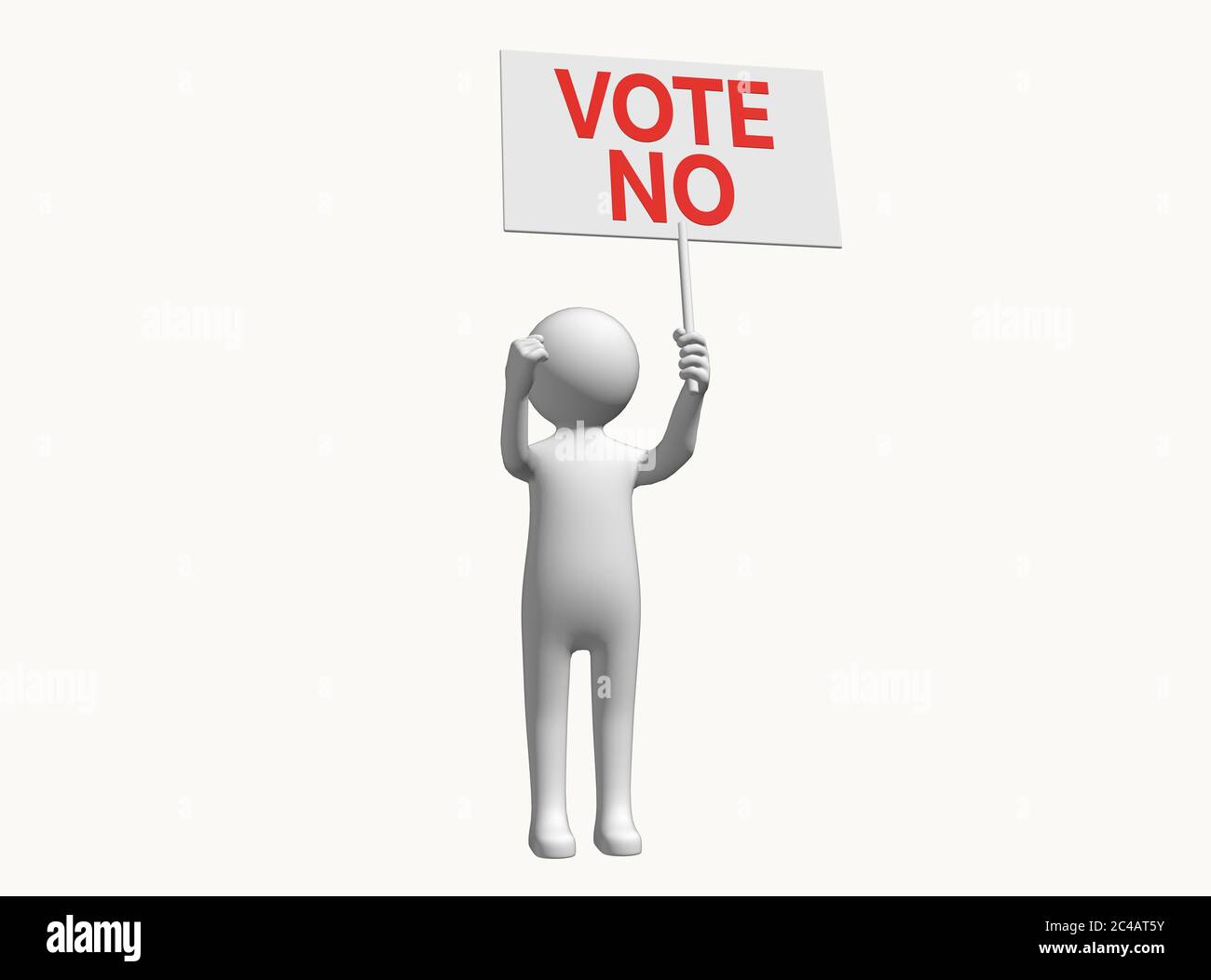 Anonymer 3D-Charakter-Stick-Mann mit Schild Plakat zur Unterstützung der Abstimmung Nein Stimme kein Zeichen Stimme kein Plakat Wahl Wahl Protest Referendum Konzept Stockfoto
