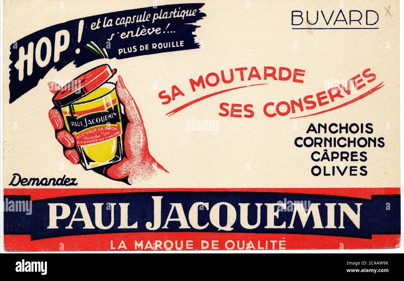 Buvard moutarde Jacquemin vers 1950 / Mustard Jacquemin blotter um 1950 Stockfoto