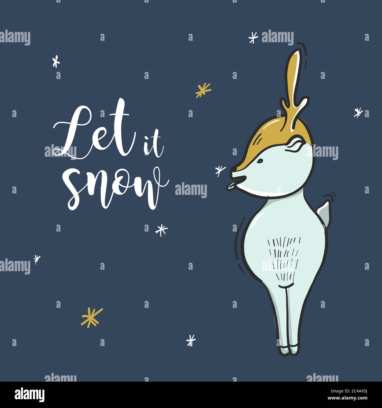 Kindisch Hirsch Cartoon Lassen Sie es Schnee Illustration Skizze. Kreativer Winter Weihnachten skandinavischer Kinderdruck für Stoff, Verpackung, Textil, Wandpapier Stock Vektor