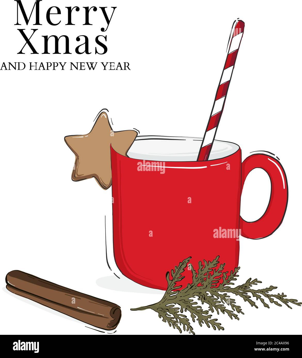 Weihnachtstasse, heiße Schokolade oder Kaffee trinken mit geknipten Rohr, Cookie und Zimt Illustration. Frühstück Cappuccino Winterurlaub Design, saisonal Stock Vektor