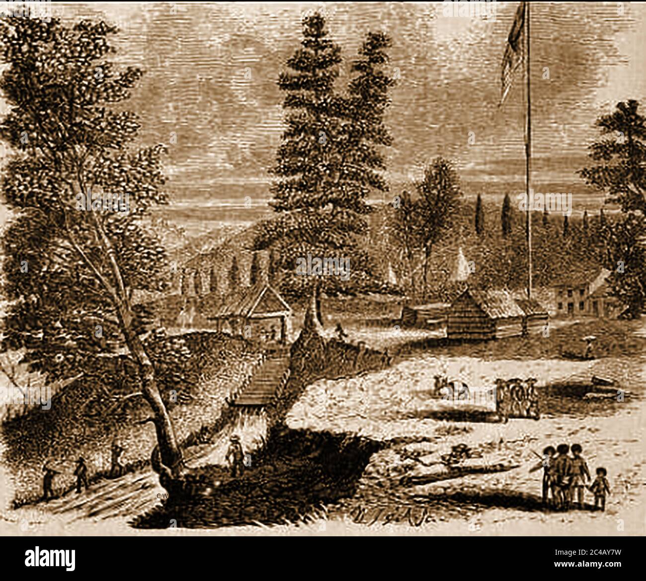 Kalifornischer Goldrausch - Sutter's Mill, California (Mitte 1800) - Sutter's Mill war ein Sägewerk, das dem Pionier des 19. Jahrhunderts John Sutter gehörte, wo Gold gefunden wurde und den kalifornischen Goldrausch begann. Am 24. Januar 1848 fand James Wilson Marshall, ein Zimmermann aus New Jersey, am Fuße der Sierra Nevada in der Nähe von Coloma, Kalifornien, Goldflocken im American River. Zu der Zeit arbeitete Marshall daran, ein wasserbetriebenes Sägewerk von John Sutter zu bauen. Henry Bigler & Azariah Smith zusammen mit anderen Mühlenarbeitern waren Veteranen des Mormoner Freiwilligen Militärbataillons. Stockfoto