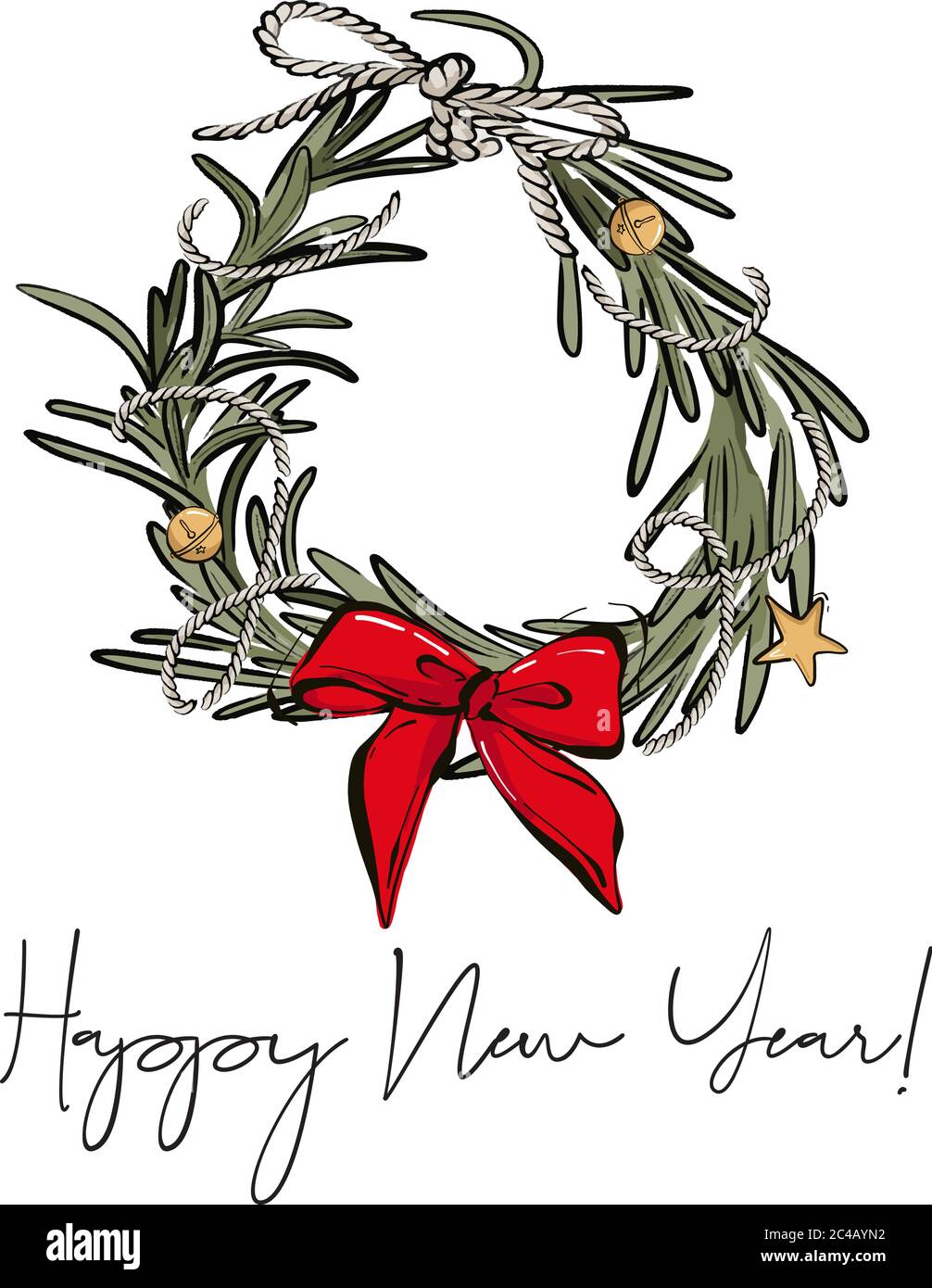 Weihnachten und Neujahr immergrünen Kranz mit Schleife, Sterne Skizze Illustration. Winter Urlaub Vorbereitung Design, letzte Weihnachtszeichnung in Vektor. Stock Vektor