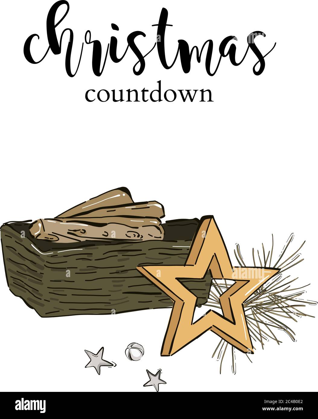 Weihnachtsfeier Vorbereitung, Winterferien Countdown: Kamin mit Holz-Log, Gold-Stern, Kiefer Tanne und Jingle Glocken, gemütliche Inneneinrichtung Heim Illustration Stock Vektor