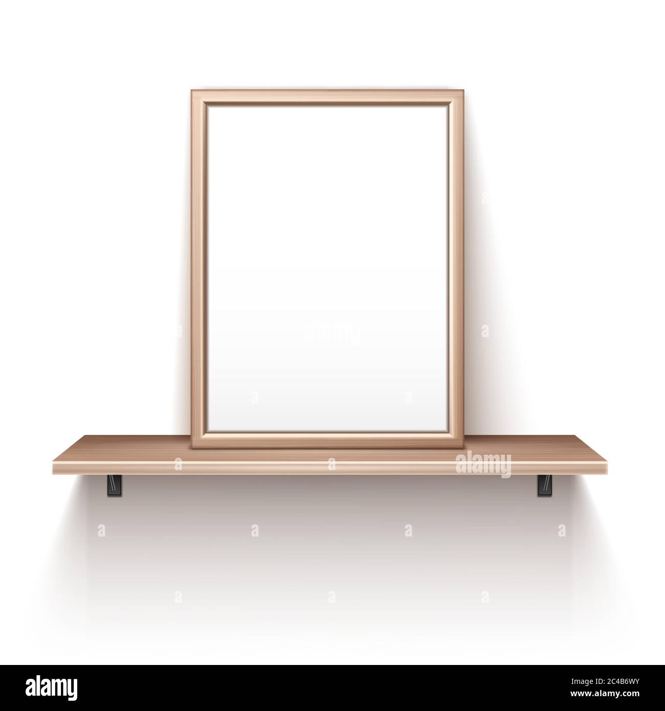 Leerer hölzerner Fotorahmen, der auf dem Regal steht. Vektor realistische Mockup der Innendekoration mit leerem Bild mit Holzrahmen. Bücherregal mit Bilderrahmen für Zuhause, Galerie oder Büro Stock Vektor