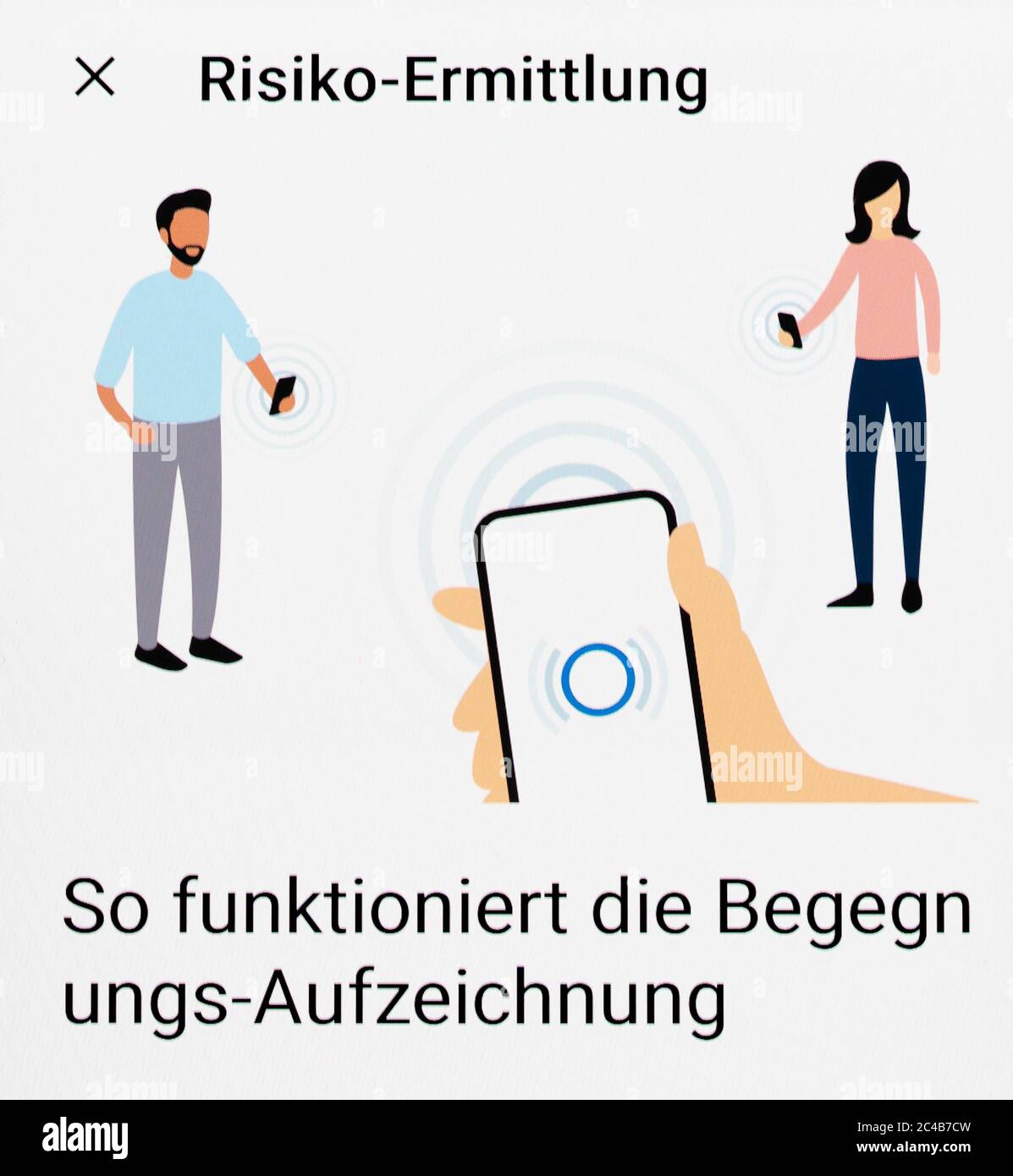 Corona-Warn-App, Risikobeurteilung, wie die Aufzeichnungs-Aufzeichnung funktioniert, Handy-Display, Deutschland Stockfoto