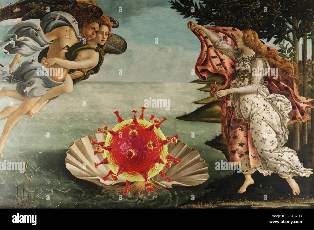 Fotomontage, Geburt des Coronavirus, Sandro Botticelli, Geburt der Venus, Malerei Stockfoto