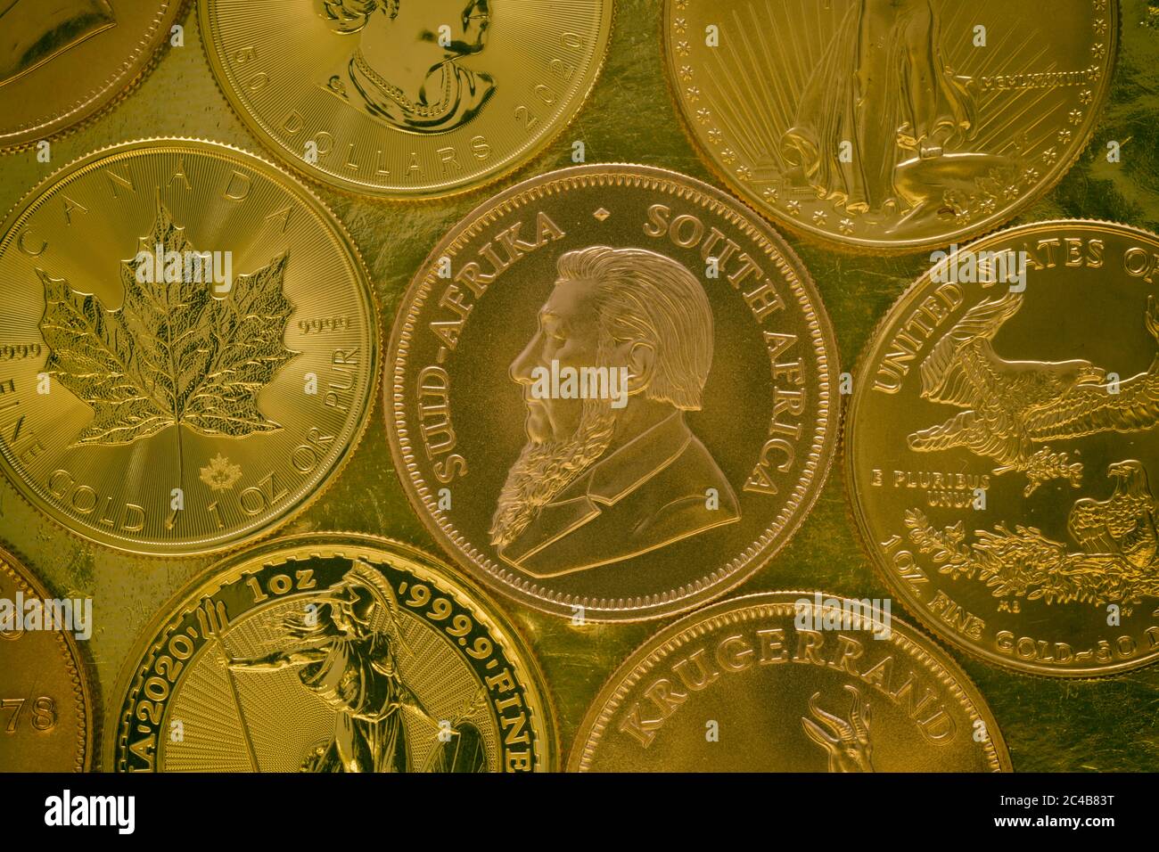 Goldmünzen 1 Unze Gold Kruger Vorderseite Paul Kruger zwischen anderen Goldmünzen Ahorn Blatt, Britannia, Golden Eagle Stockfoto