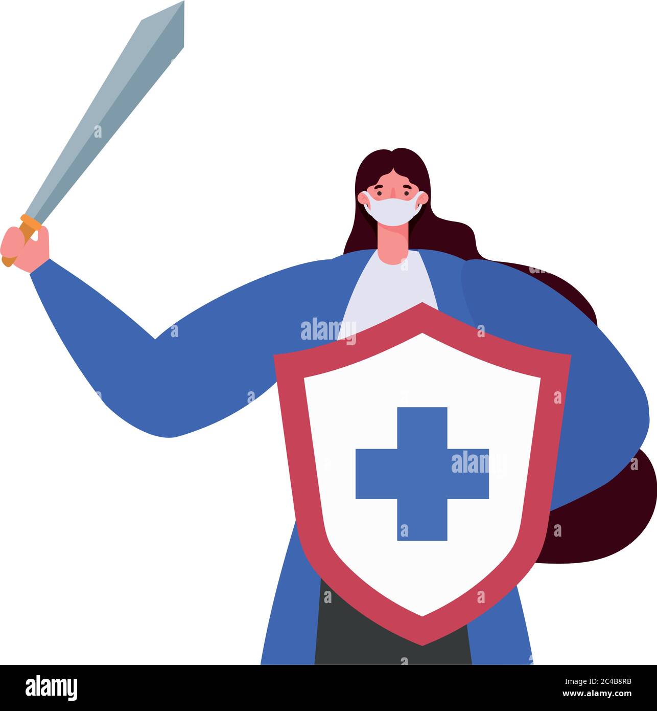 Frau mit Maske Schild und Schwert Design der Kampf covid 19 Virus und stoppen Verbreitung Thema Vektor Illustration Stock Vektor
