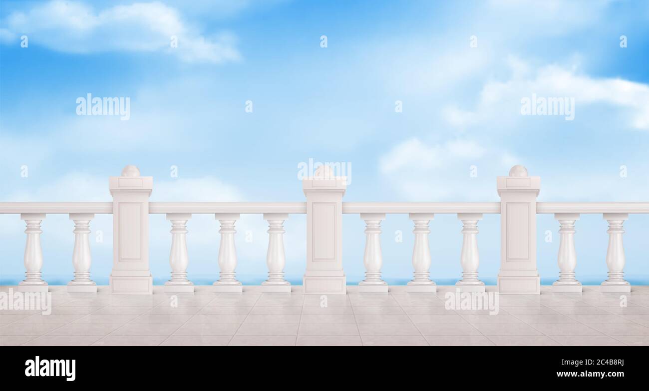 Marmorbalustrade auf blauem, wolkigen Himmel Hintergrund. Weißes Balkongeländer, Geländer. Geländer oder Zaunabschnitte mit dekorativen Säulen. Balusters Architektur Design, realistische 3d-Vektor-Illustration Stock Vektor