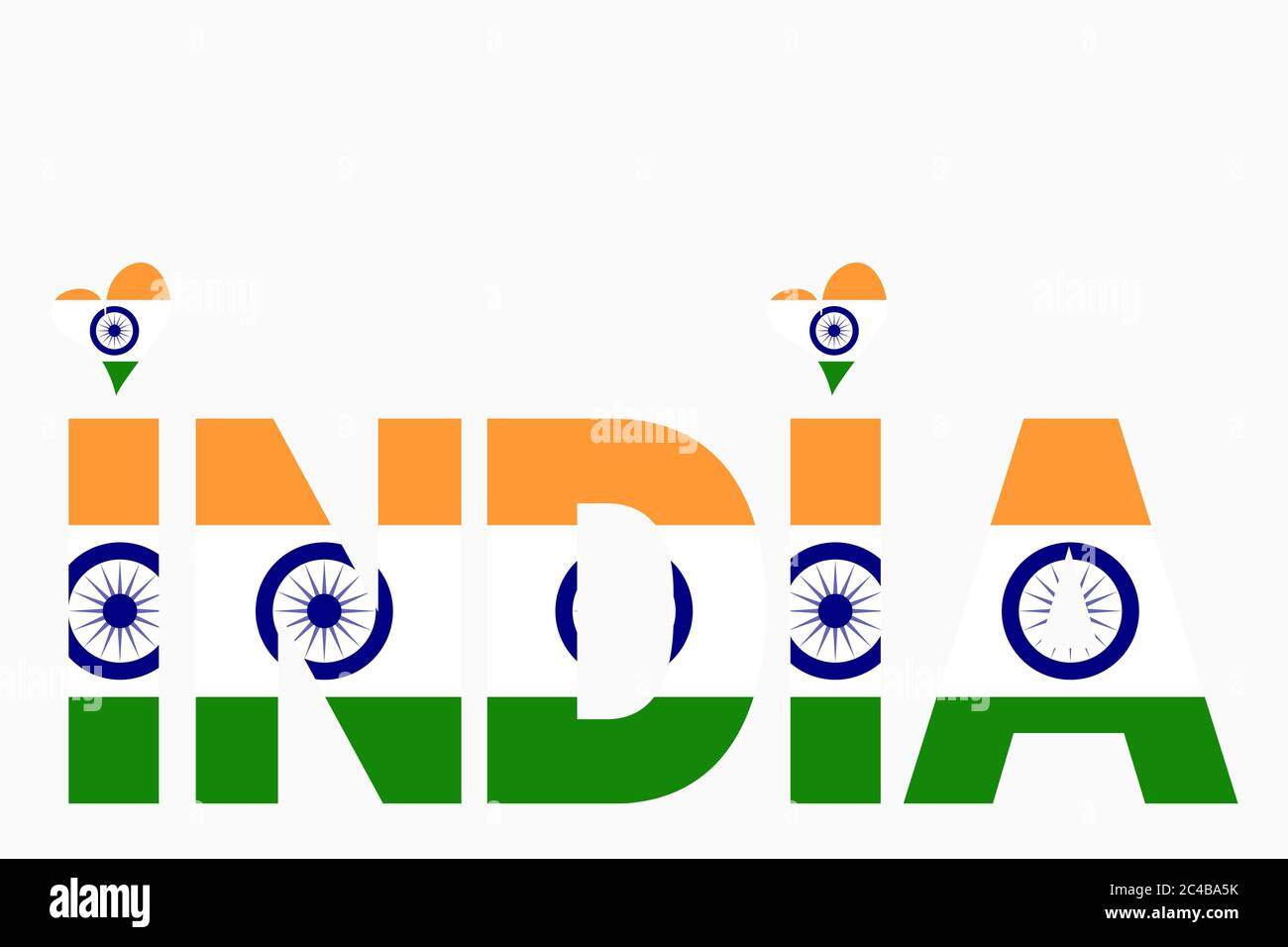 Illustration von Indien geschrieben mit indischen Nationalflagge Farben. Tiranga (3 Farben - Safran Weiß und Grün) mit dem marineblauen Rad Ashok Chakra Stockfoto