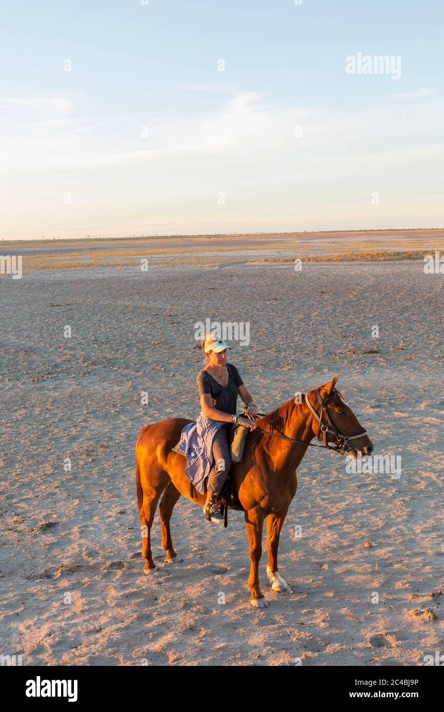 Eine Frau auf dem Pferderücken bei Sonnenuntergang im freien Raum. Stockfoto
