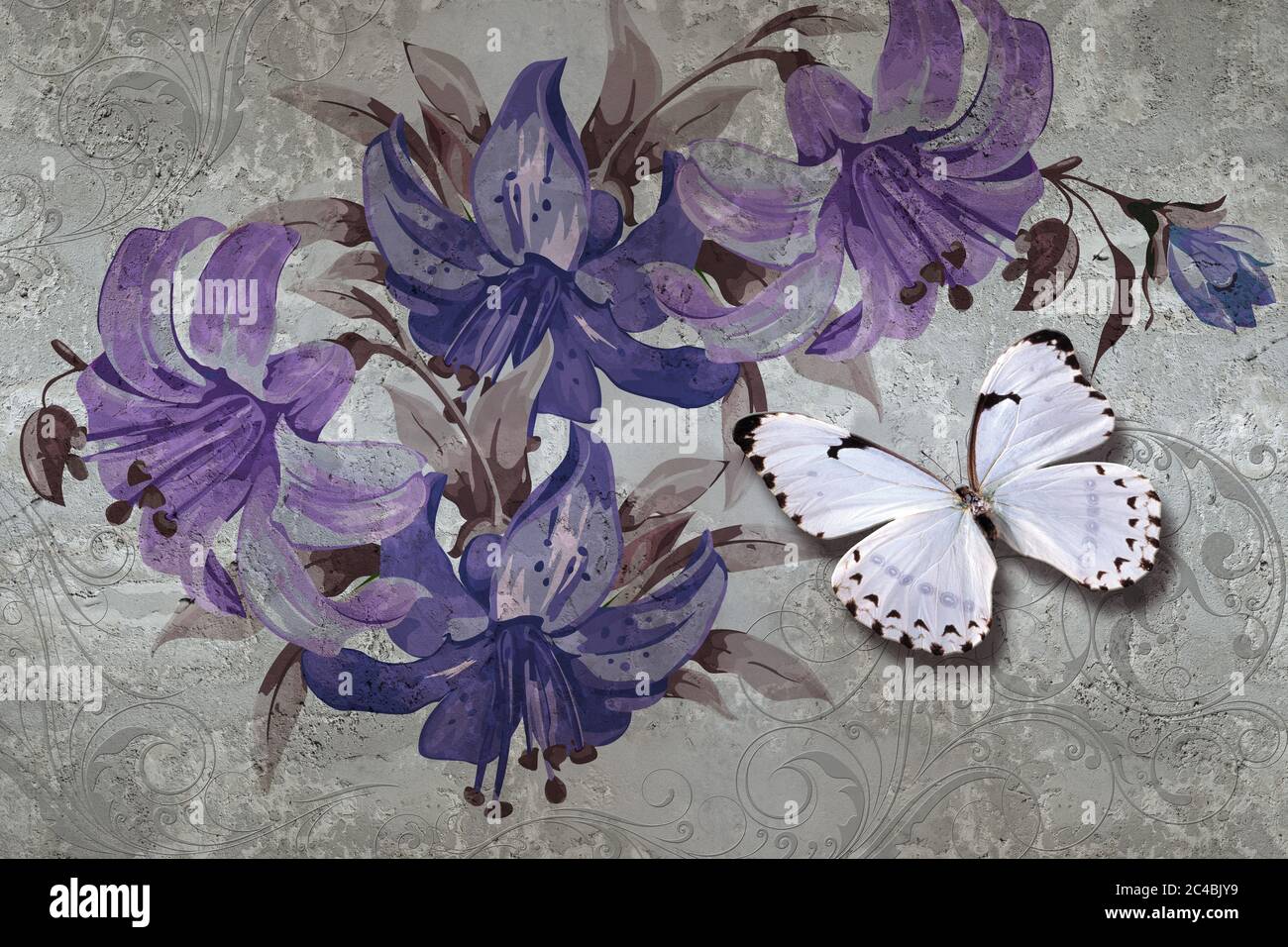3d Wallpaper Textur, Lilien und Schmetterlinge auf Betonwand Hintergrund. Wandgemälde-Effekt. Der Fresco-Effekt. Stockfoto