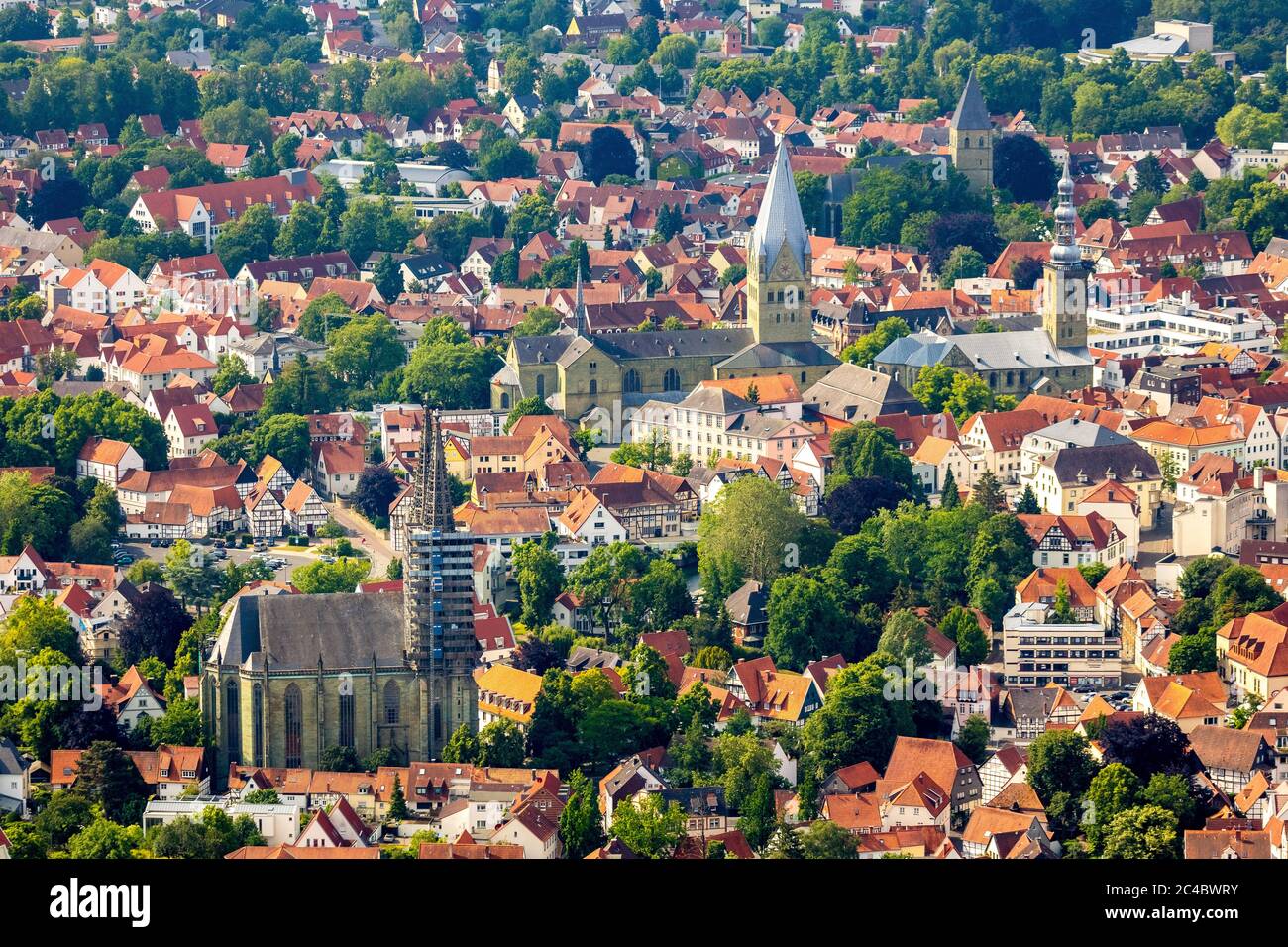 Innenstadt mit den Kirchen St. Maria zur Wiese, St. Petri Alde Kerke, St. Patrokli Dom und St. Pauli, 06.07.2019, Luftbild, Deutschland, Nordrhein-Westfalen, Soest Stockfoto