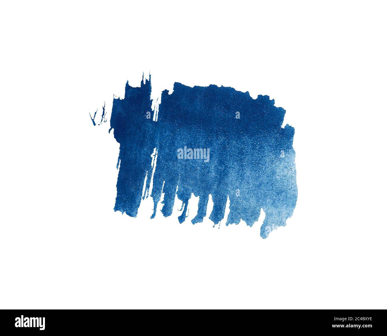 Malen Sie Spritzer in blauer Farbe isoliert auf weißem Hintergrund. Abstrakte dynamische Form. Handbemalte Aquarelltextur Stockfoto