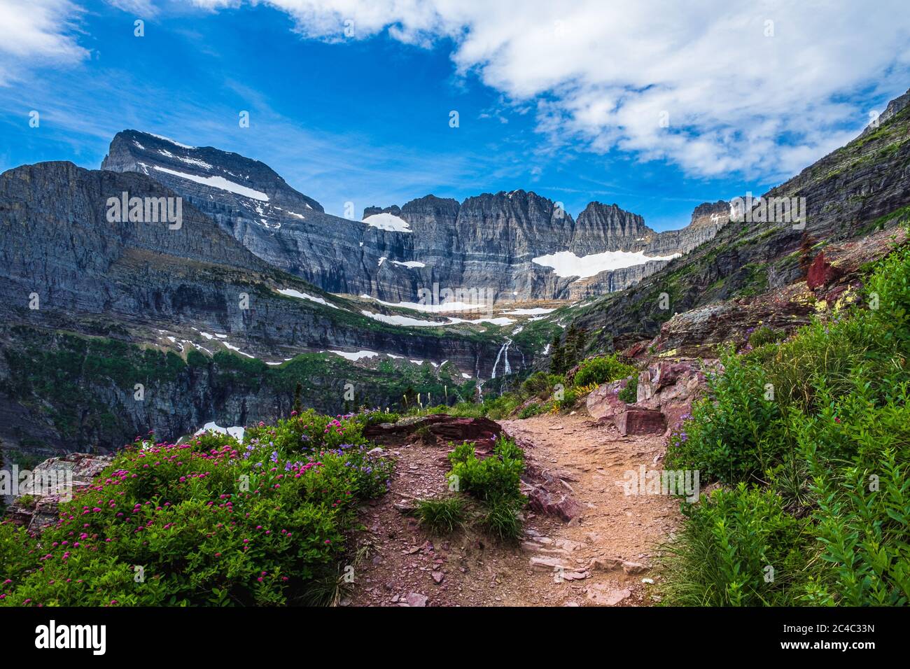 2606 Berge umgeben den Grinnell Glacier Trail mit einer Fülle von Wildblumen an den Seiten Stockfoto