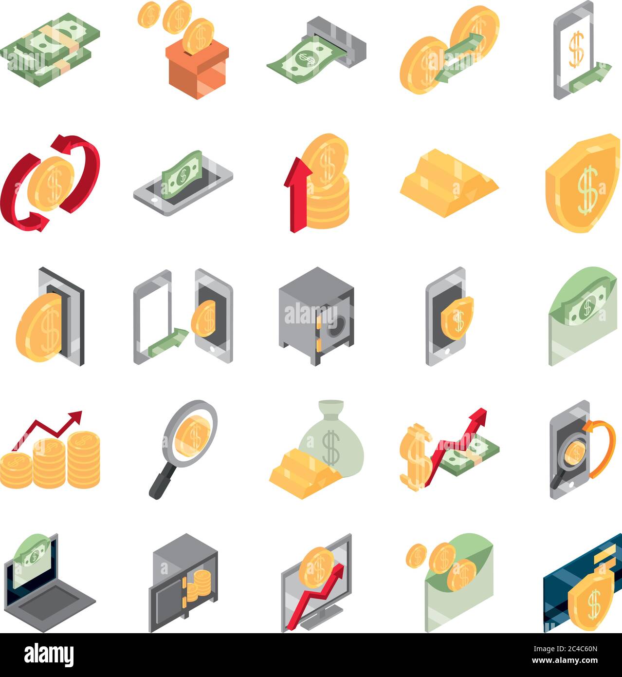 Isometrisches Geld Bargeld Währung Business Münzen Banknoten isoliert auf weißem Hintergrund Vektor Illustration flach Symbole gesetzt Stock Vektor