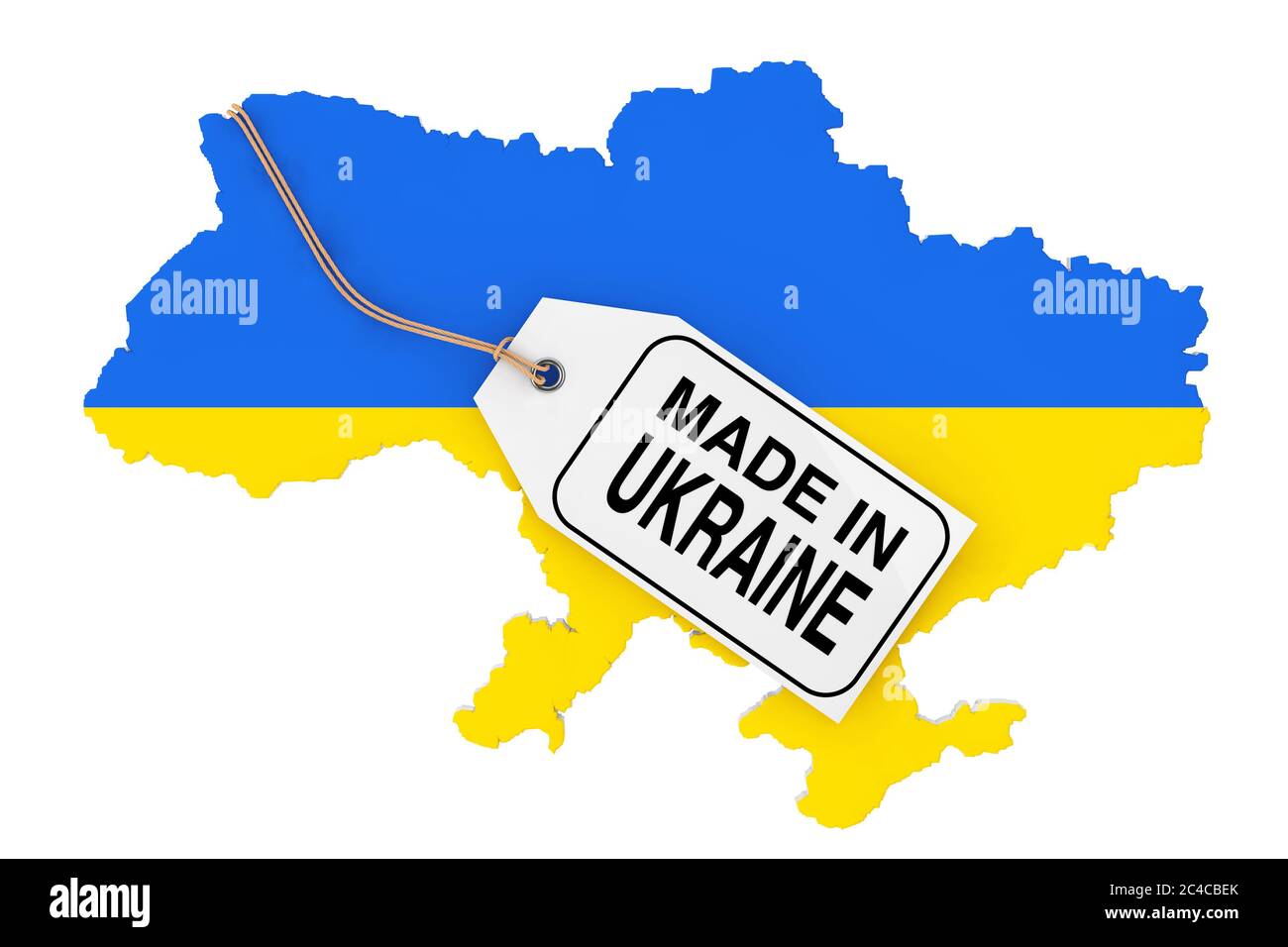 Karte der Ukraine mit Flagge und Made in Ukraine Sale Tag auf weißem Hintergrund. 3d-Rendering Stockfoto
