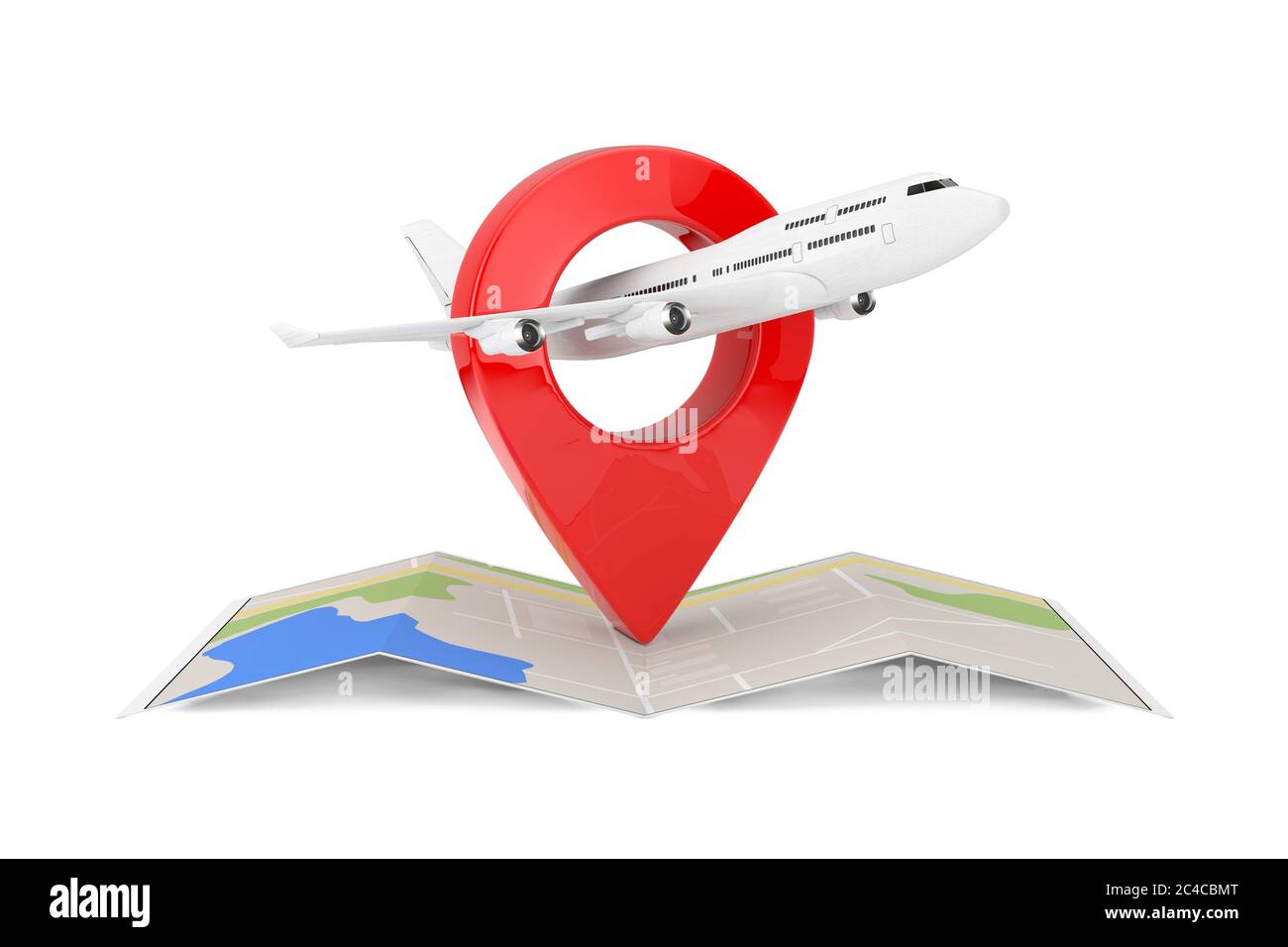 White Jet Passagierflugzeug über gefalteten abstrakten Navigationskarte mit Ziel-Pin-Zeiger auf weißem Hintergrund. 3d-Rendering Stockfoto