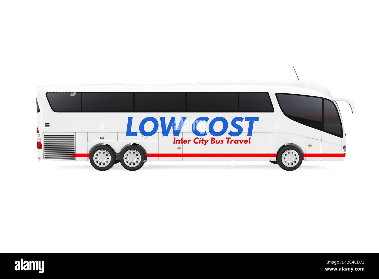 Big White Coach Tour Inter City Travel Bus mit Low Cost Zeichen auf weißem Hintergrund. 3d-Rendering Stockfoto