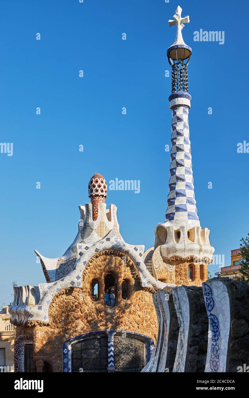 Die unverwechselbare Architektur von Antoni Gaudis Park Güell, Barcelonahe dest Stockfoto