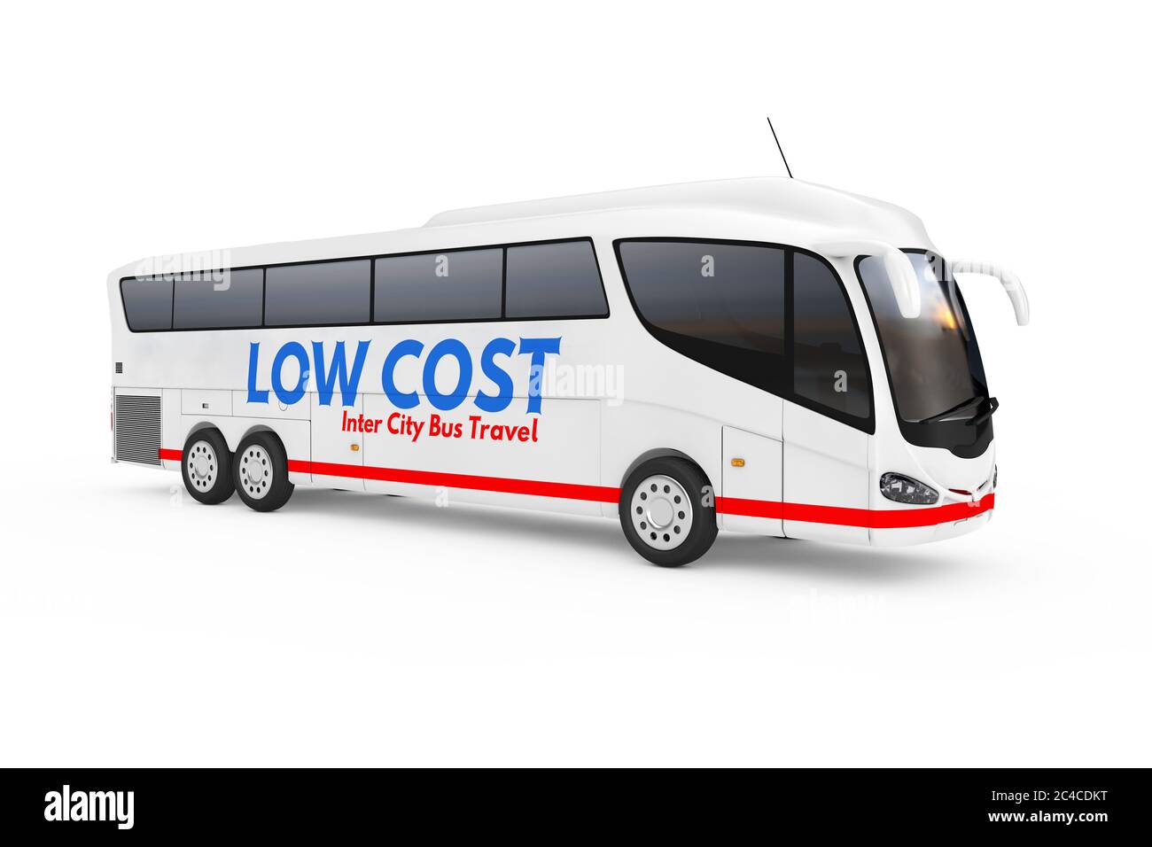 Big White Coach Tour Inter City Travel Bus mit Low Cost Zeichen auf weißem Hintergrund. 3d-Rendering Stockfoto