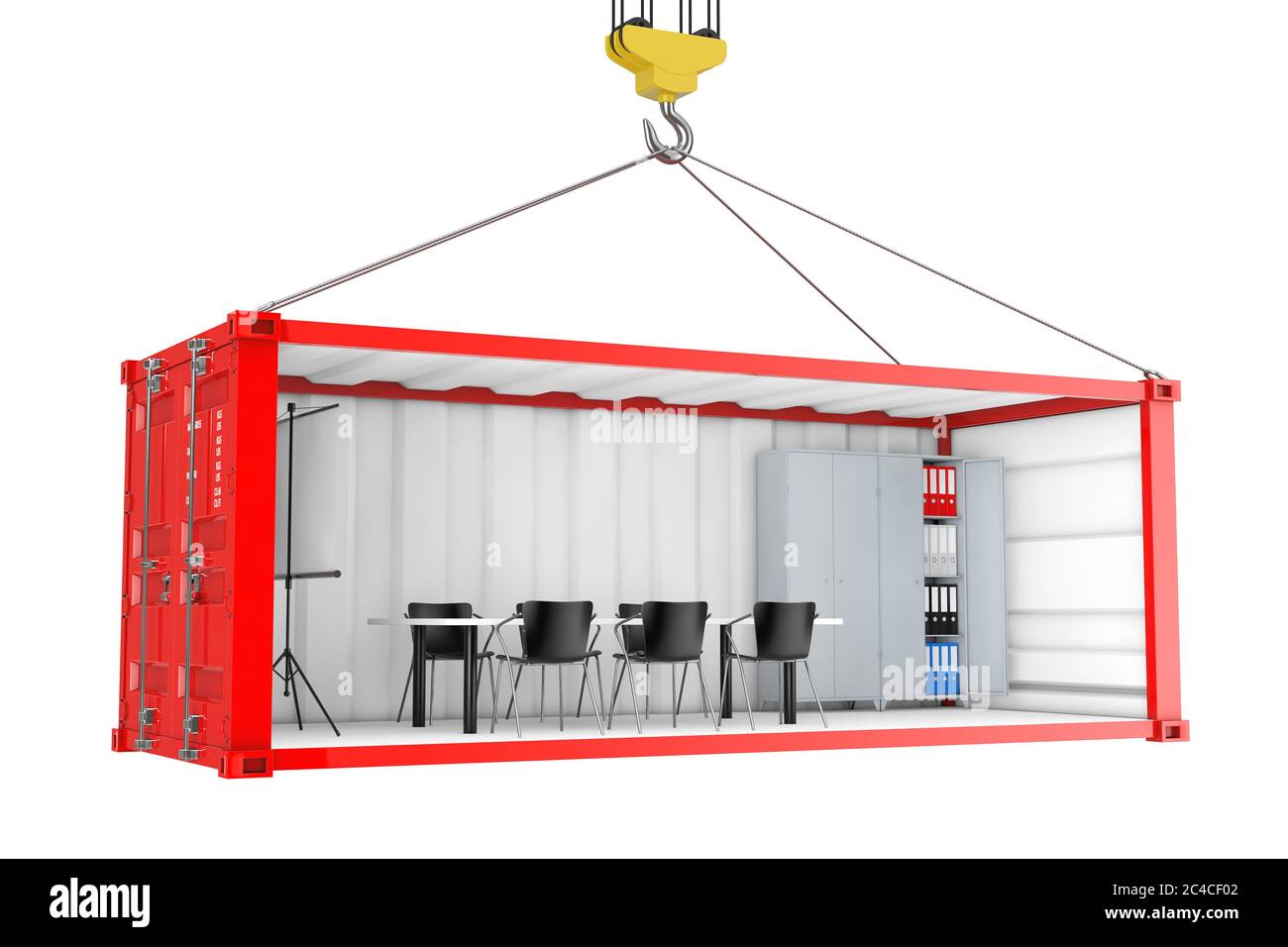 Roter Frachtcontainer mit entfernter Seitenwand, während des Transports in ein Büro umgewandelt, mit Kranhaken auf weißem Hintergrund. 3d-Rendering Stockfoto