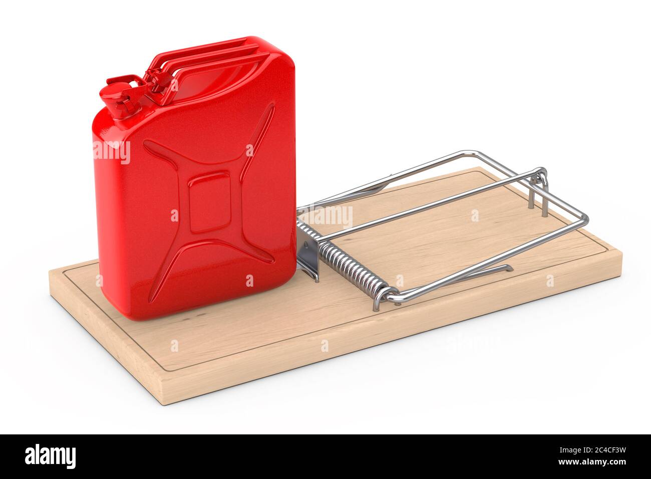 Gefälschtes Kraftstoffkonzept. Red Metal Jarrycan in Holz Mousetrap auf weißem Hintergrund. 3d-Rendering Stockfoto