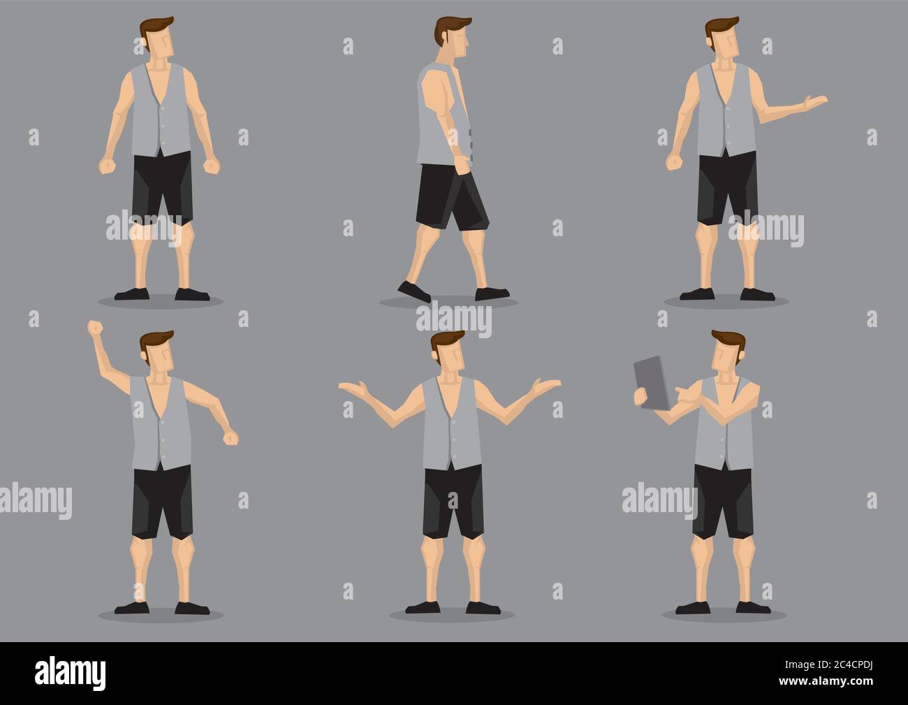 Set von sechs Vektor-Illustrationen von Cartoon-Mann trägt einfache Weste und Radsport-Shorts in verschiedenen Gesten isoliert auf grauem Hintergrund. Stock Vektor