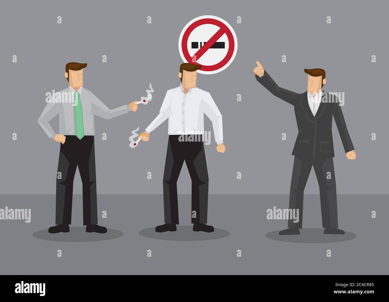 Cartoon Mann zeigt auf No Smoking Raucher unter Zigarettenpause. Vektordarstellung zum Rauchverbot am Arbeitsplatz isoliert auf grauem Hintergrund. Stock Vektor