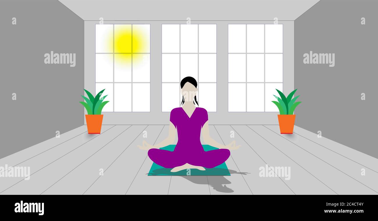 Internationaler Yoga Tag 21. Juni Vektor-Illustration ein Mädchen meditiert in einem frühen Morgen Vektor-Illustration Stock Vektor