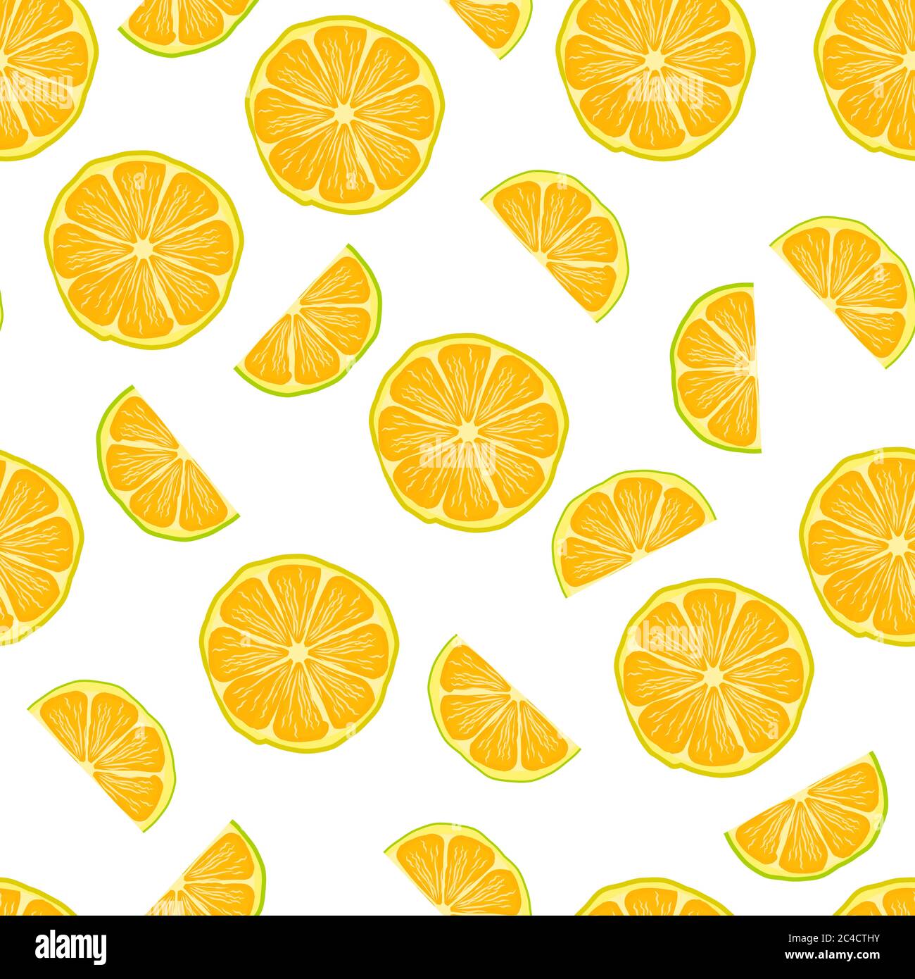 Nahtloses Muster mit Zitronenscheiben isoliert auf weißem Hintergrund. Sommermuster mit Zitrusfrüchten. Süße gelbe Limettenscheiben. Vektorgrafik für Aktien Stock Vektor