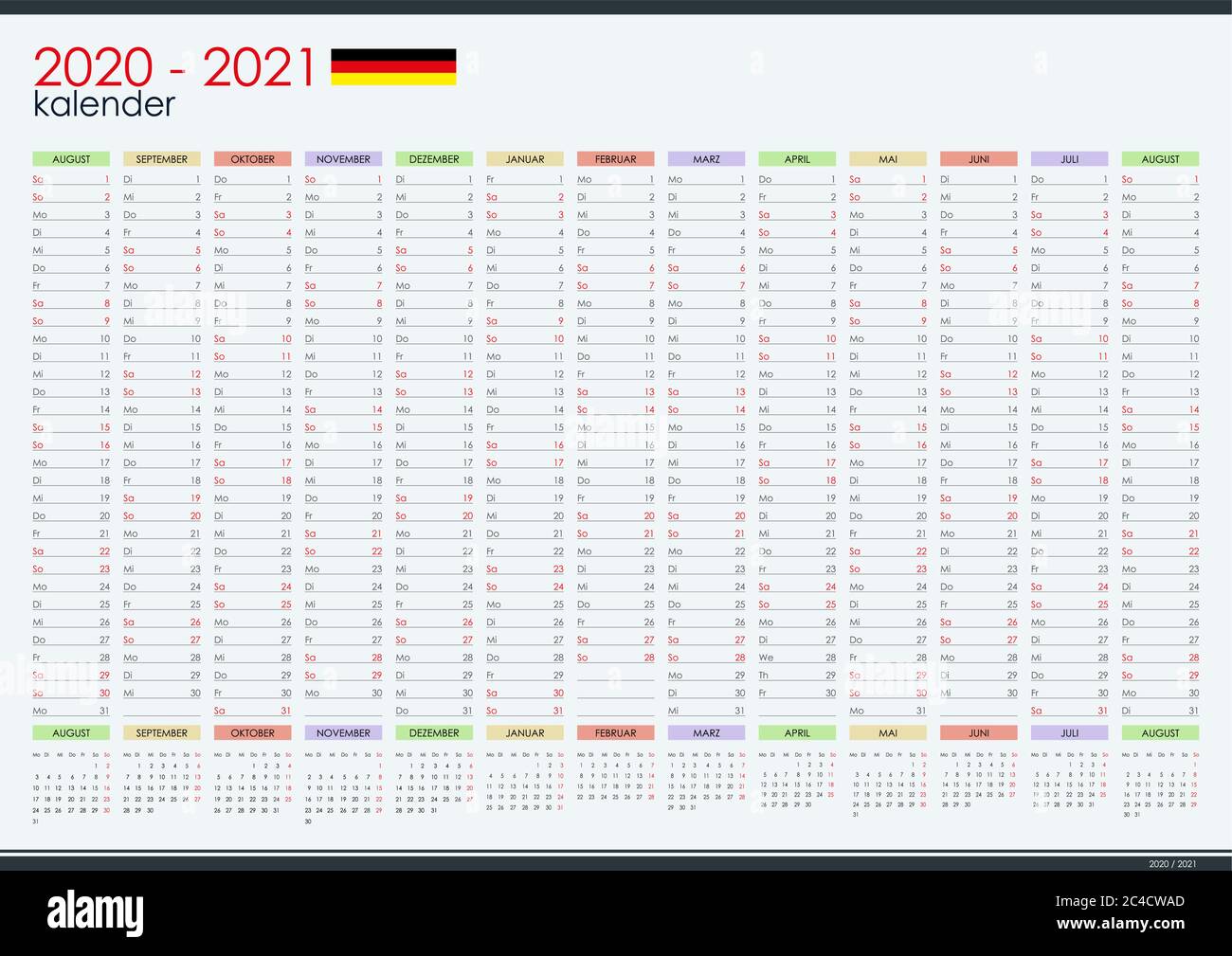 2020 - 2021 Halbjahreswandplaner in deutscher Sprache. Studienjahr. Perfekt für zu Hause Schulungsplan, Zeitplan. Organisator, Vorlage für Jahresplaner. Stock Vektor