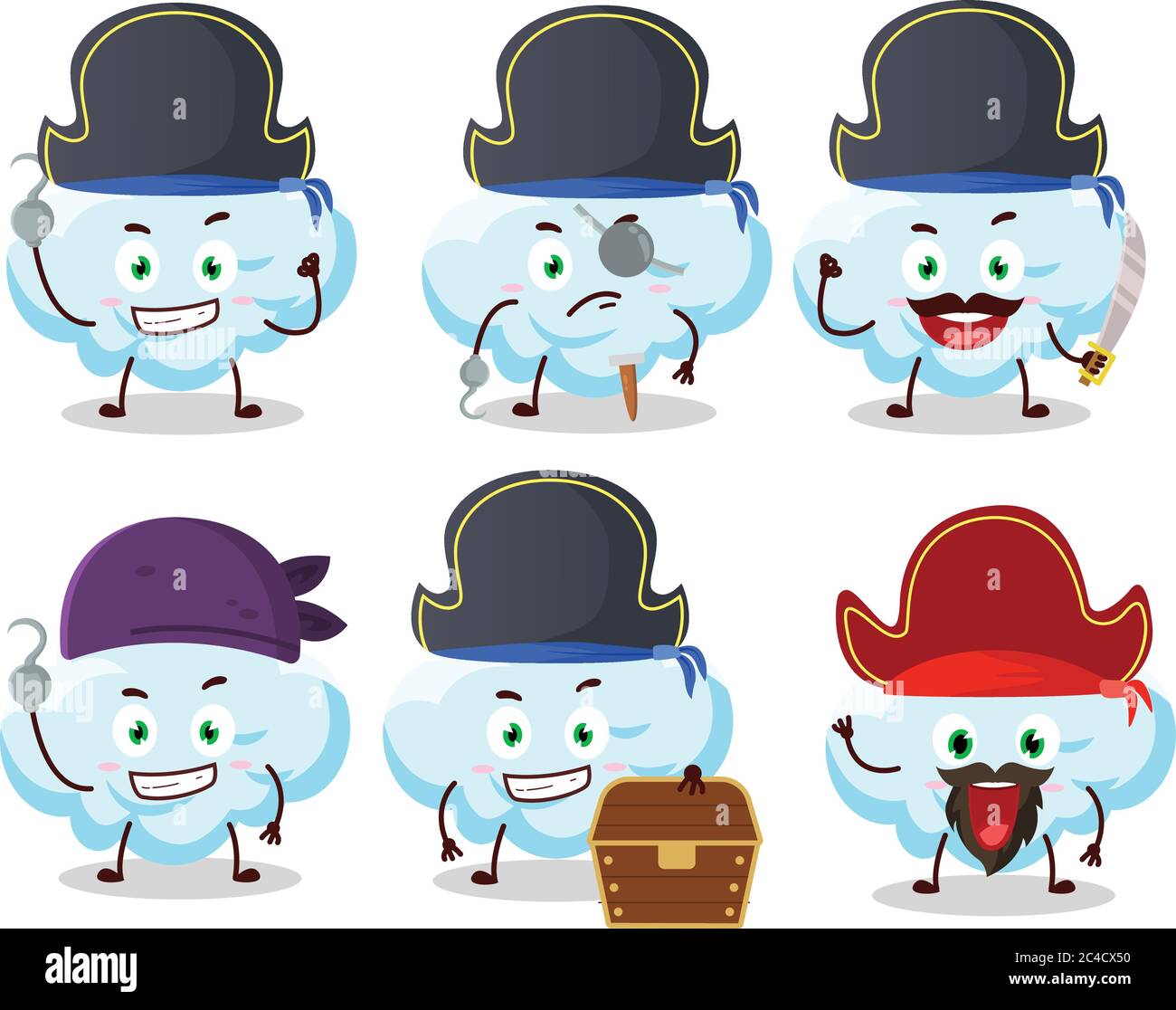 Cartoon Charakter der Wolke mit verschiedenen Piraten Emoticons Stock Vektor