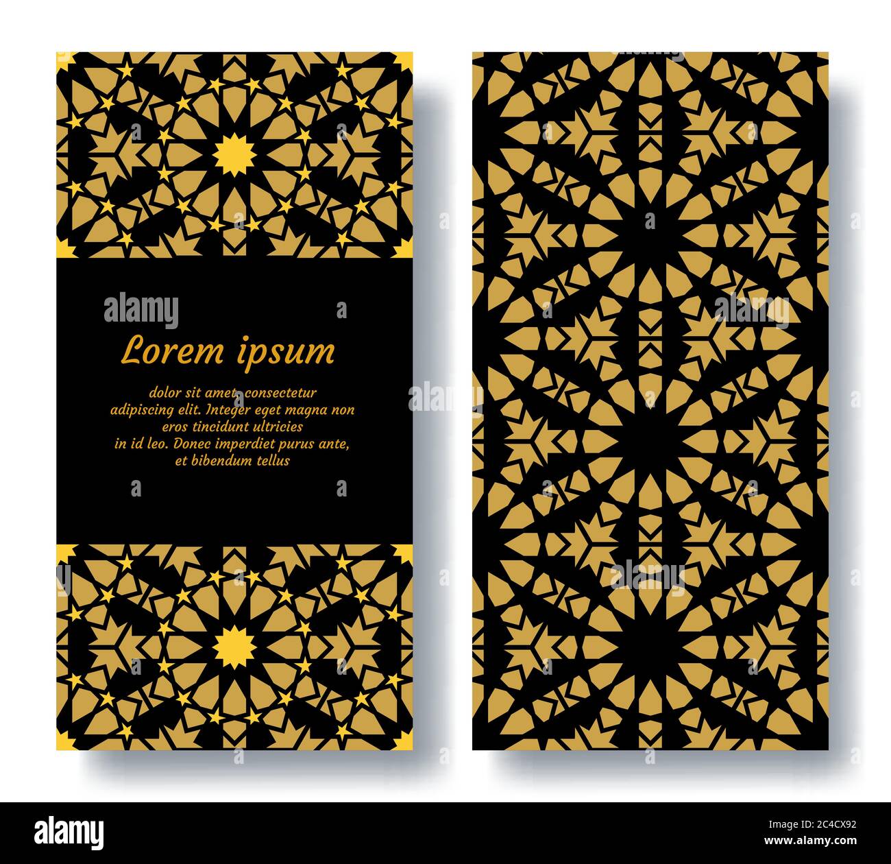 Arabisches Gold und schwarz Doppel-Karte Design für Einladung, Feier, speichern Sie das Datum in arabisch geometrischen Mosaik durchgeführt. Vektorkarte Vorlage Stock Vektor
