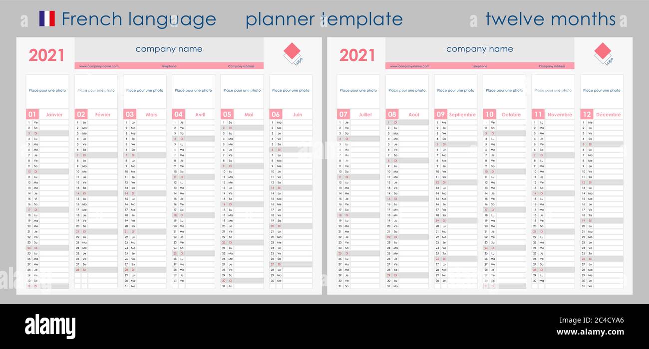 2021 Planner Kalender. Wandorganisator, Vorlage für Jahresplaner. Vektorgrafik. Vertikale Monate. Zwei Platinen. Set von 12 Monaten. Französische Sprache. Stock Vektor