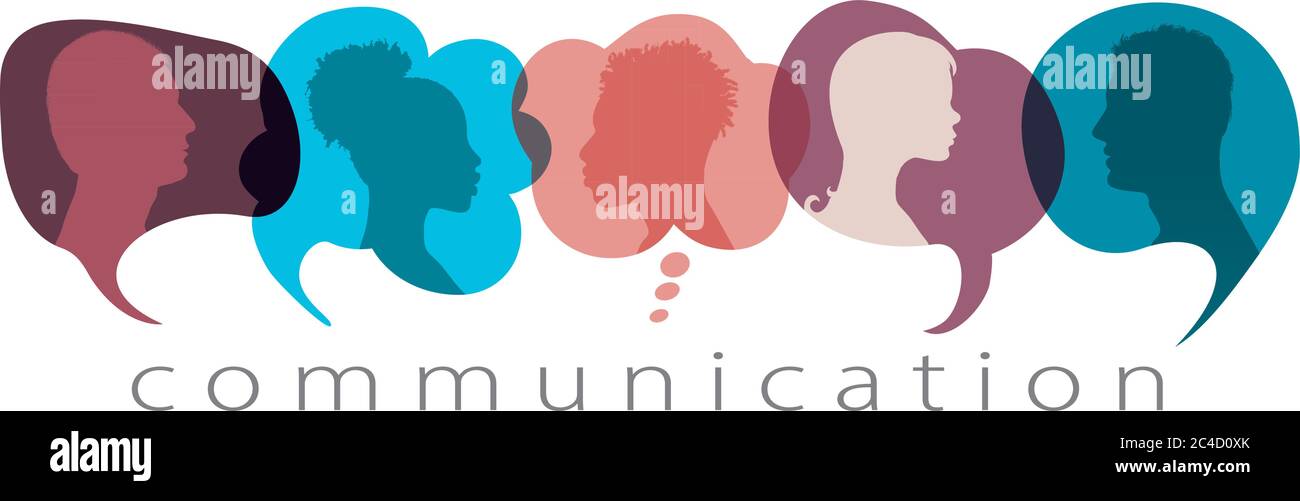 Silhouette Köpfe Menschen im Profil in Sprechblase sprechen und kommunizieren. Gemeinschaftskonzept. Kommunizieren und teilen Sie Ideen und Informationen Stock Vektor