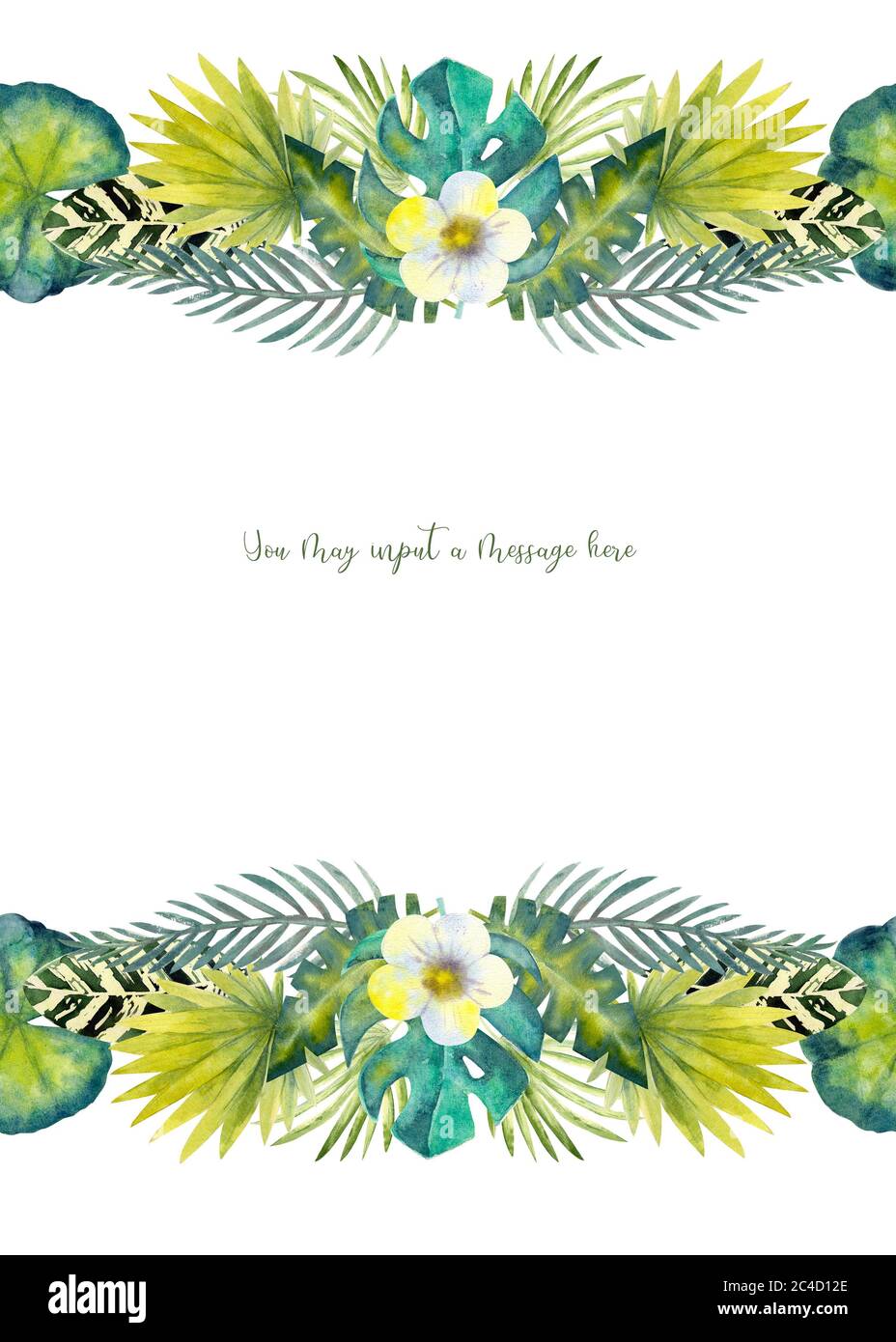 Tropische Blätter . Wiederholung der Sommer horizontalen Grenze. Aquarell mit Blumenmuster. Vertikaler Rahmen. Aquarell-Kompositionen für die Gestaltung von Grußkarten Stockfoto