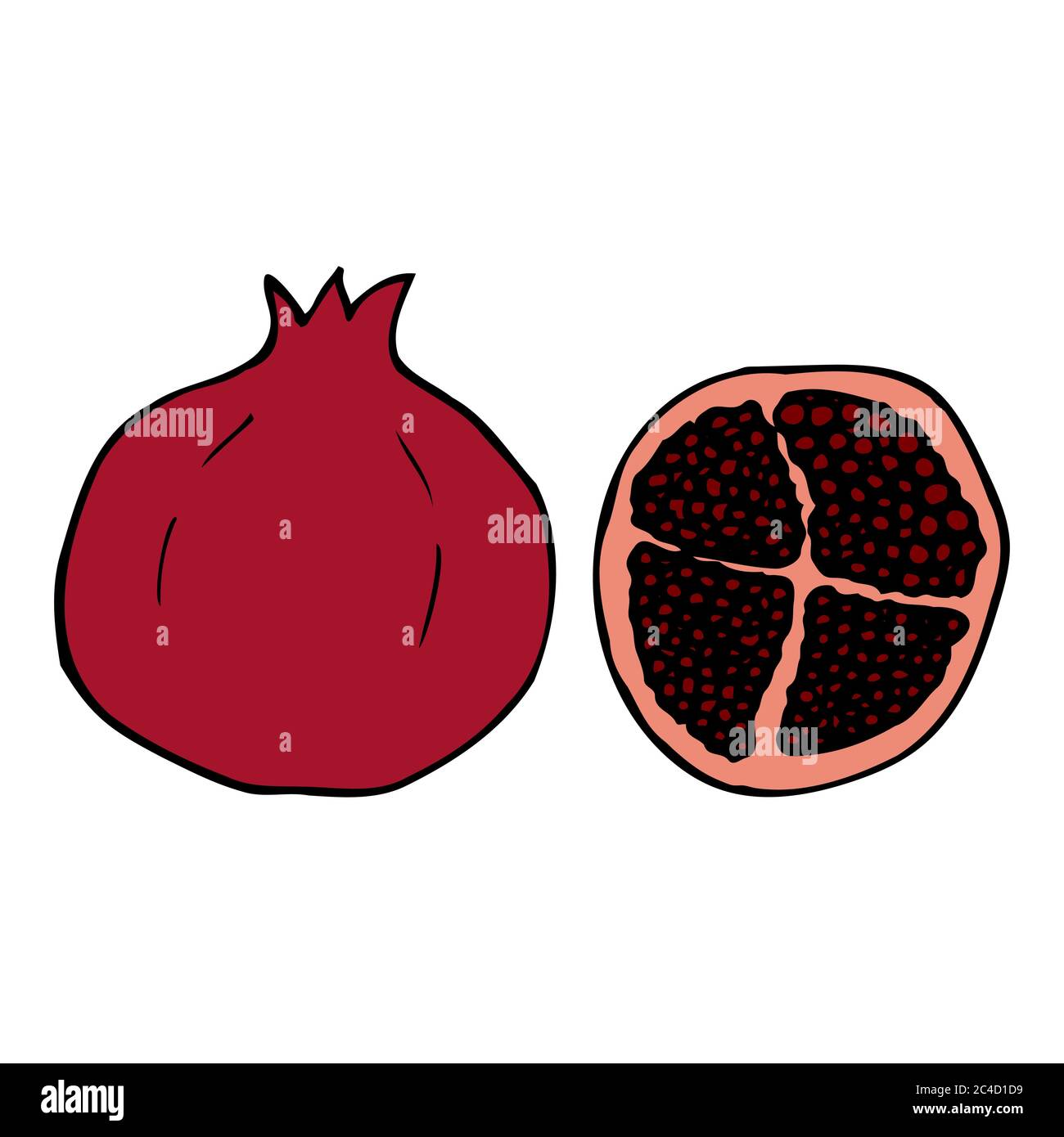 Granatapfel. Handgezeichnetes Symbol für den Umriss des Doodles. Bunt isoliert auf weißem Hintergrund. Vektorgrafik für Grußkarten, Poster, Patches, Drucke Stock Vektor